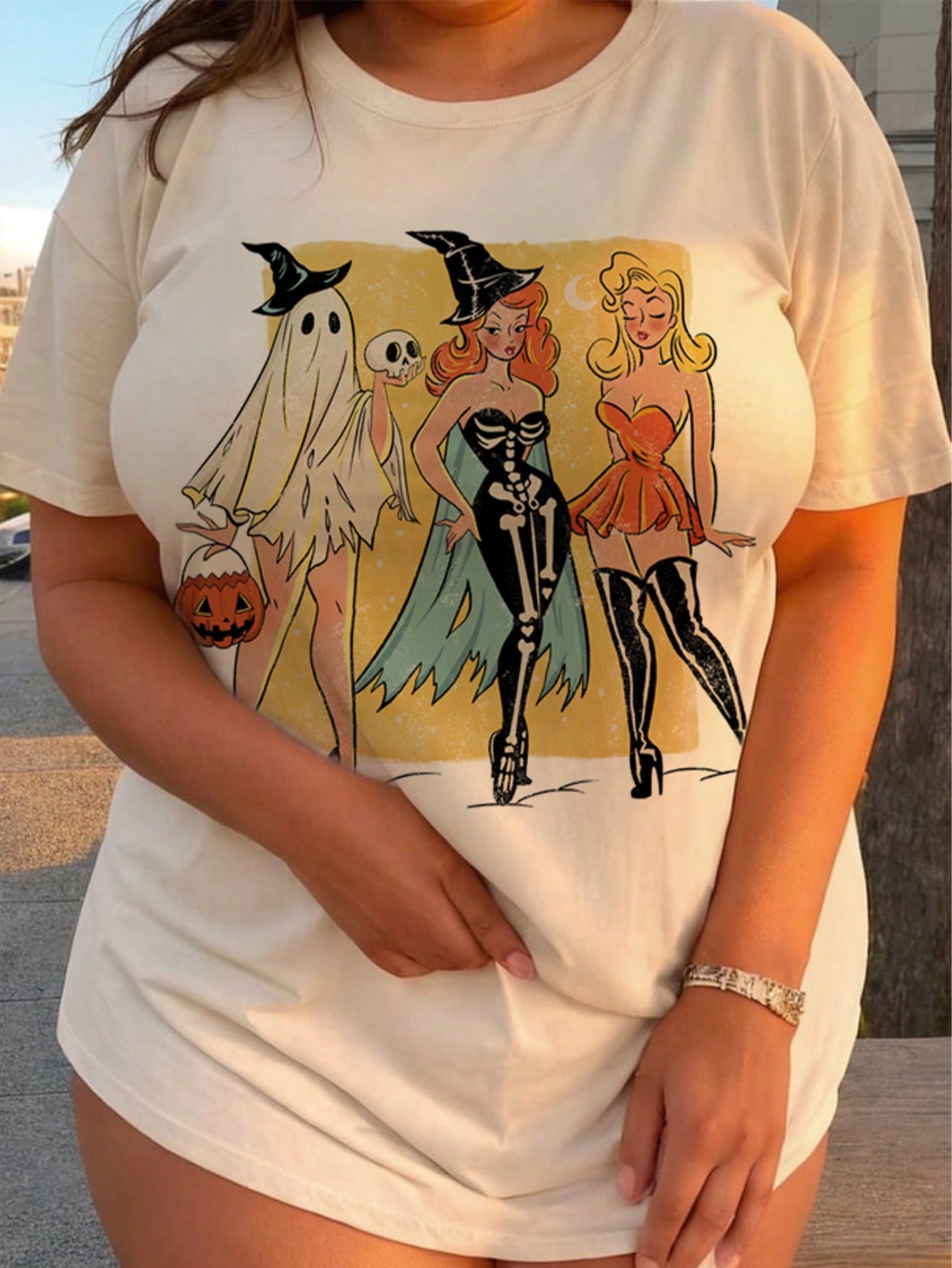 オーバーサイズ カジュアル シンプル ハロウィン グラフィックプリント ラウンドネック 半袖 バギー プラスサイズ Tシャツ