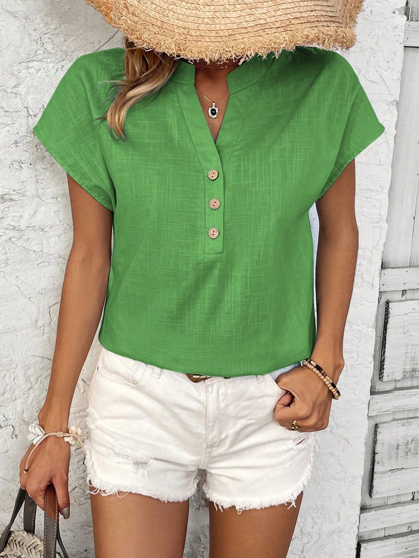 Women's Solid Color Batwing Short Sleeve Shirt