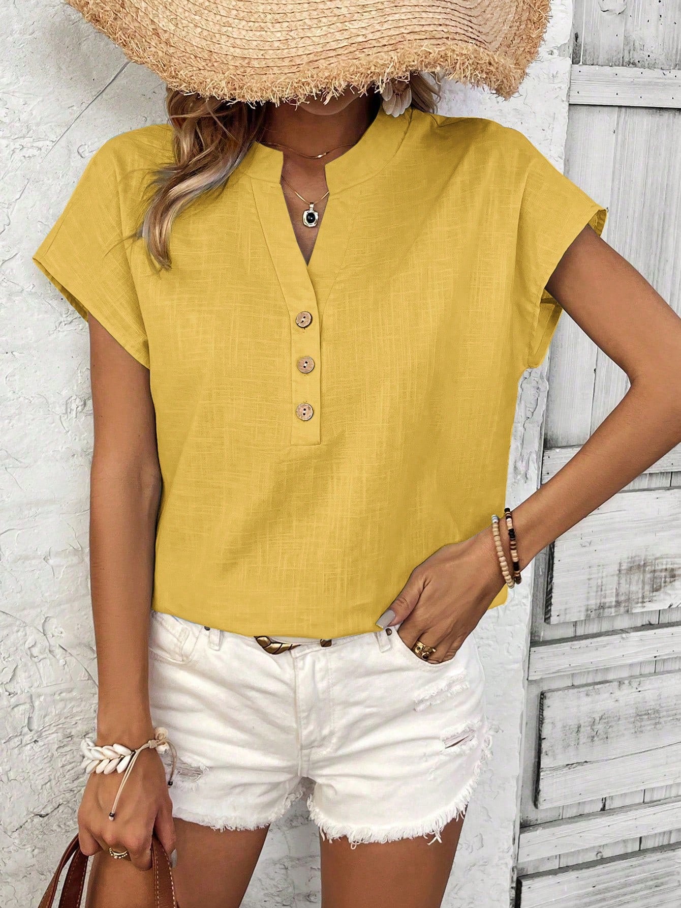 Women's Solid Color Batwing Short Sleeve Shirt