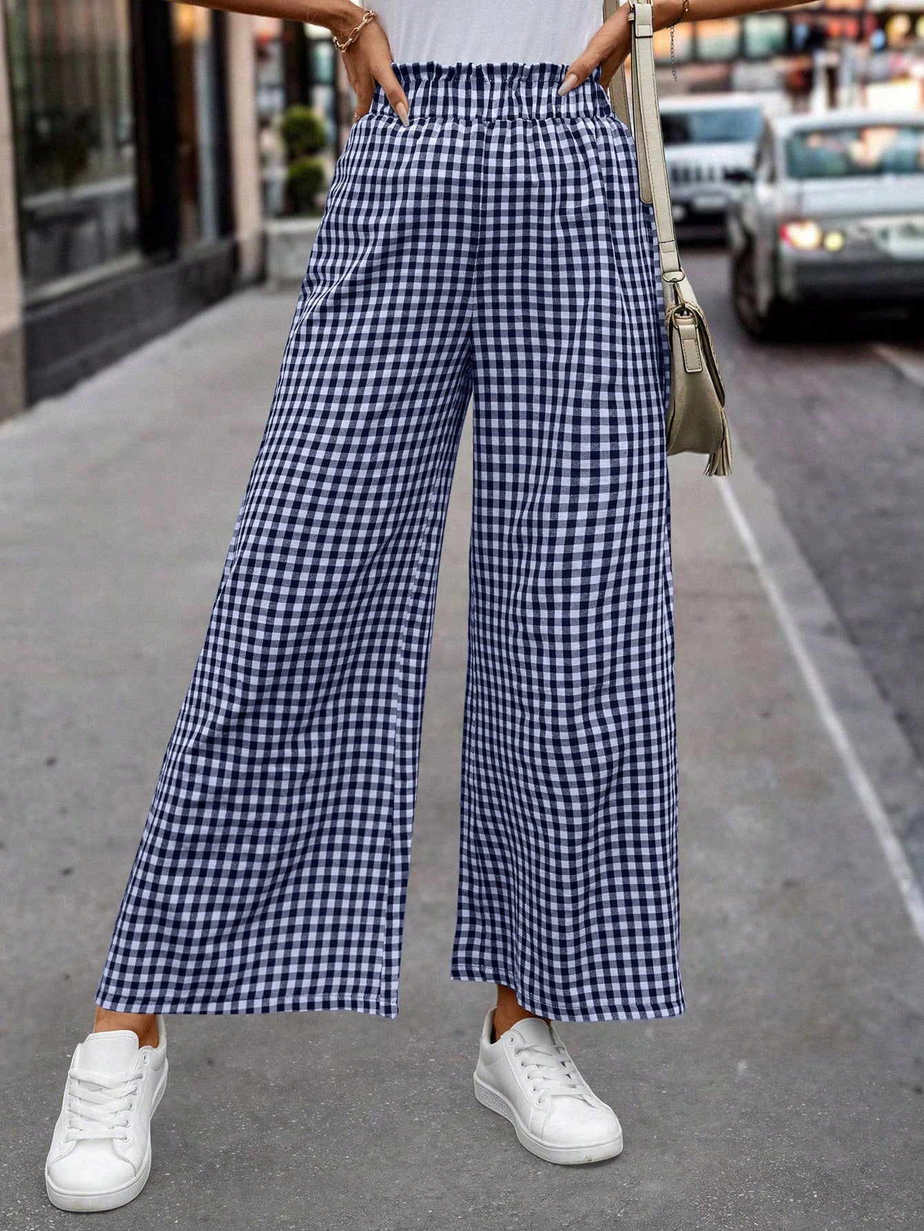 Women's Plaid Printed Paper Bag Waist Casual Wide Leg Pants - Random Pattern