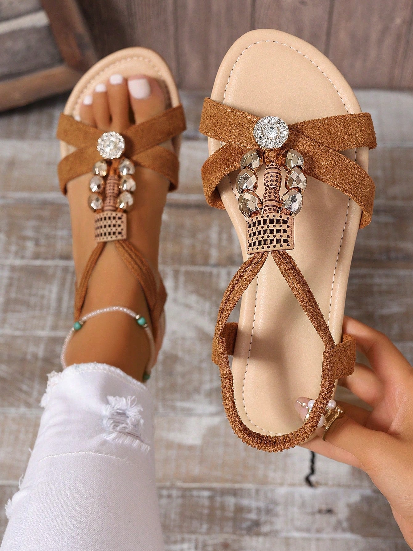 Women Vacation Summer Flat Beaded Strap Sandals, Fashionable, For Summer