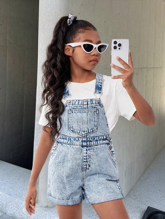 Tween Girls' Stretch-Free Casual Denim Romper