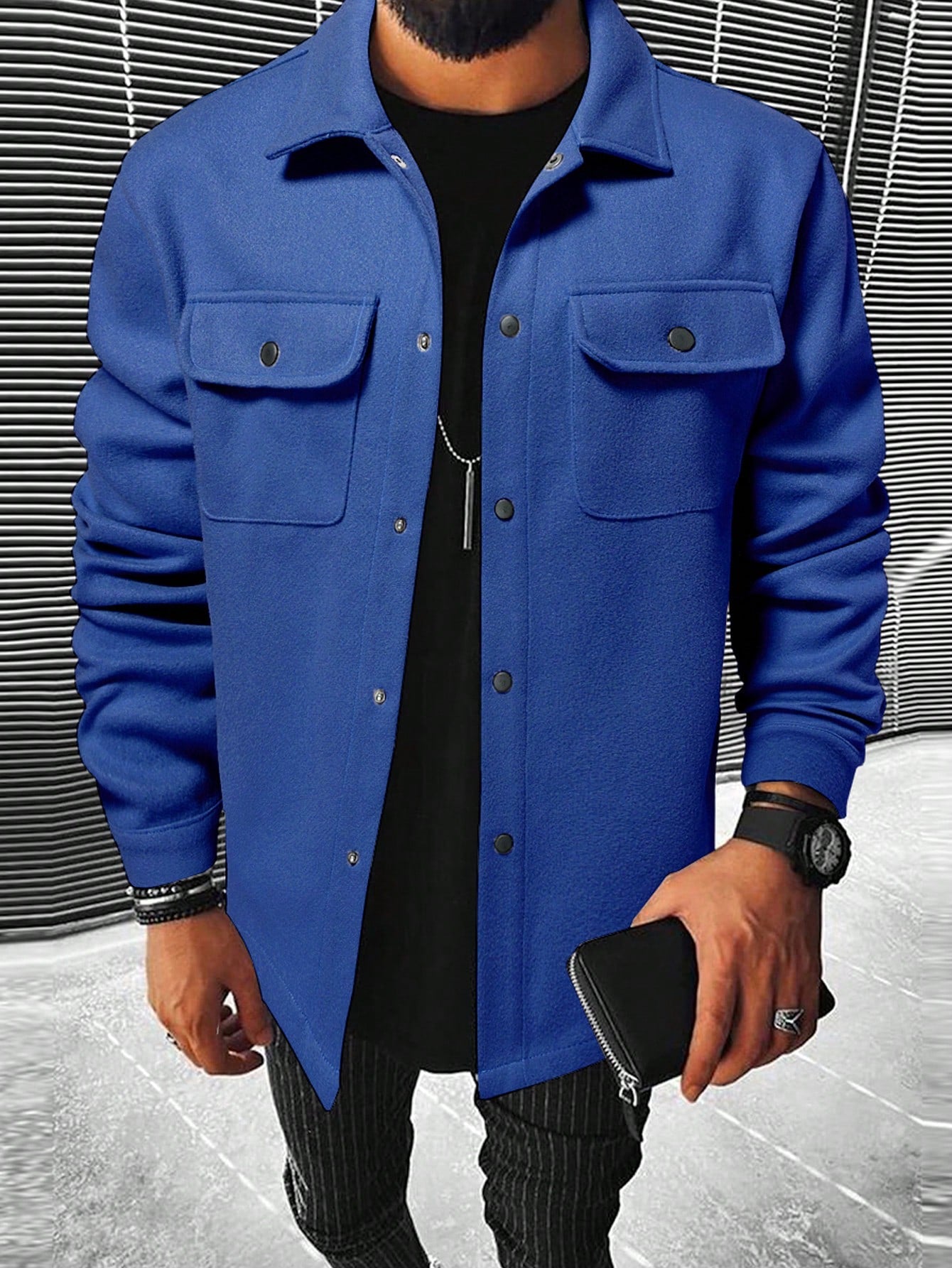 Men Button Front Flap Pocket Overcoat