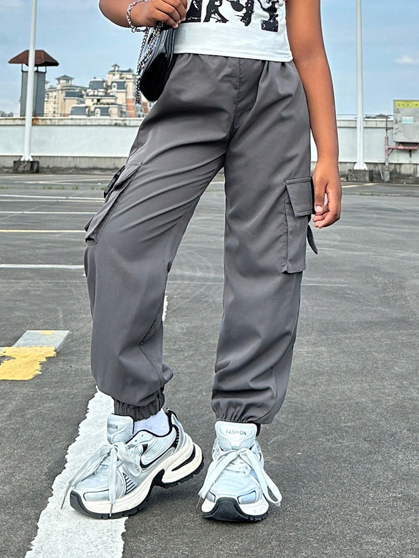 Tween Girl Casual Solid Color Buckled Flap Pocket Jogger Cargo Pants