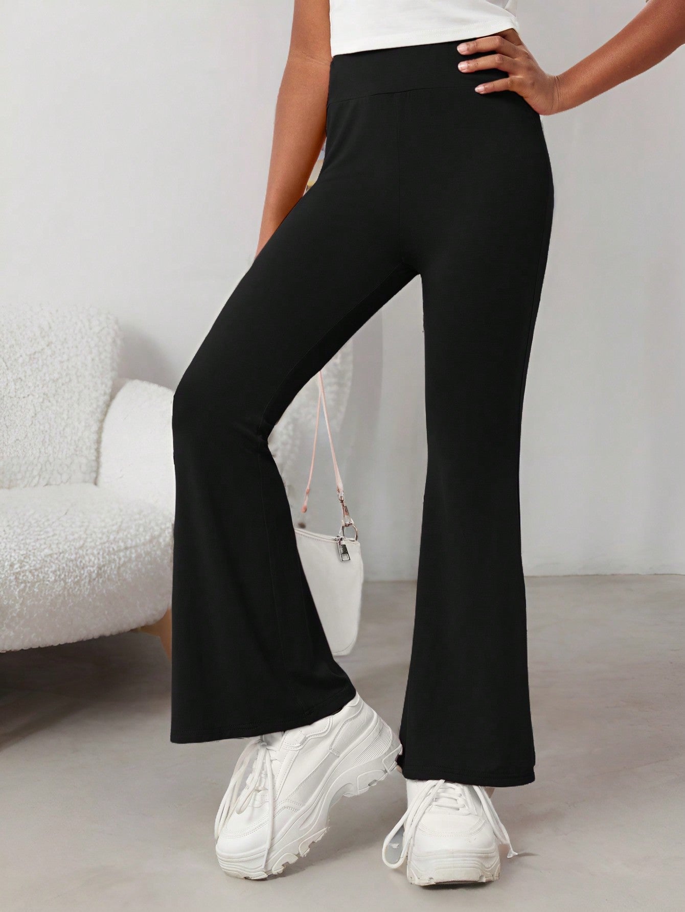 Tween Girl Solid Color Long High-Waisted Casual Pants, Flared Style