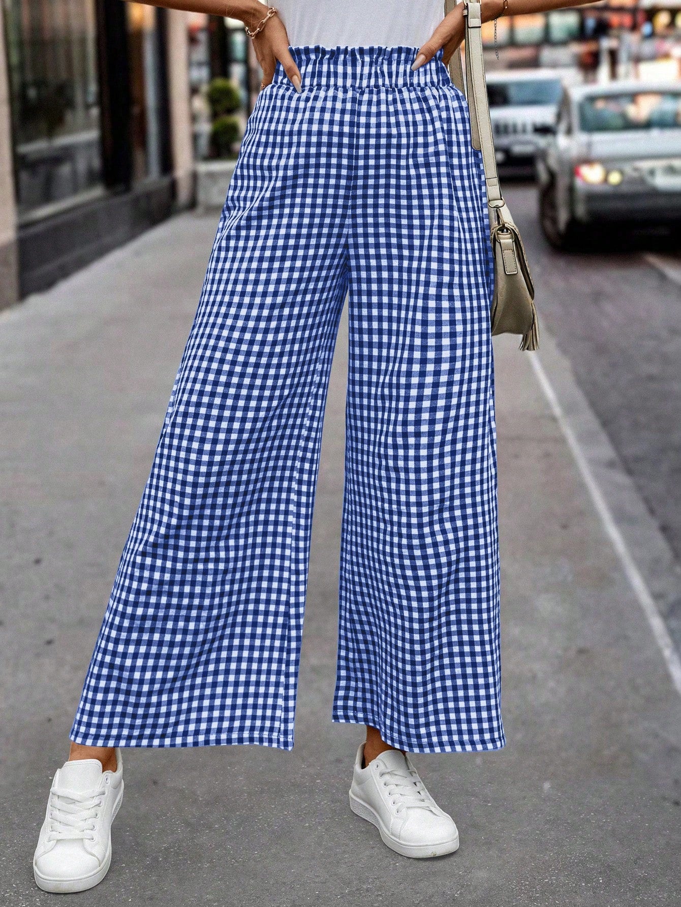 Women's Plaid Printed Paper Bag Waist Casual Wide Leg Pants - Random Pattern