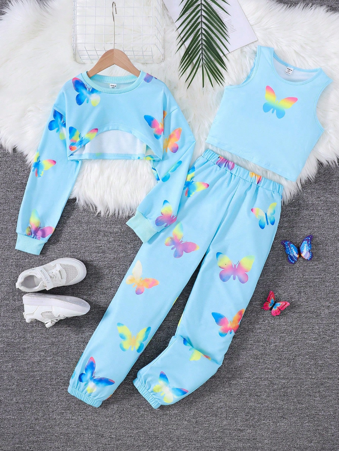 Tween Girl 3pcs/Set Trendy Butterfly Print Knitted Outfit