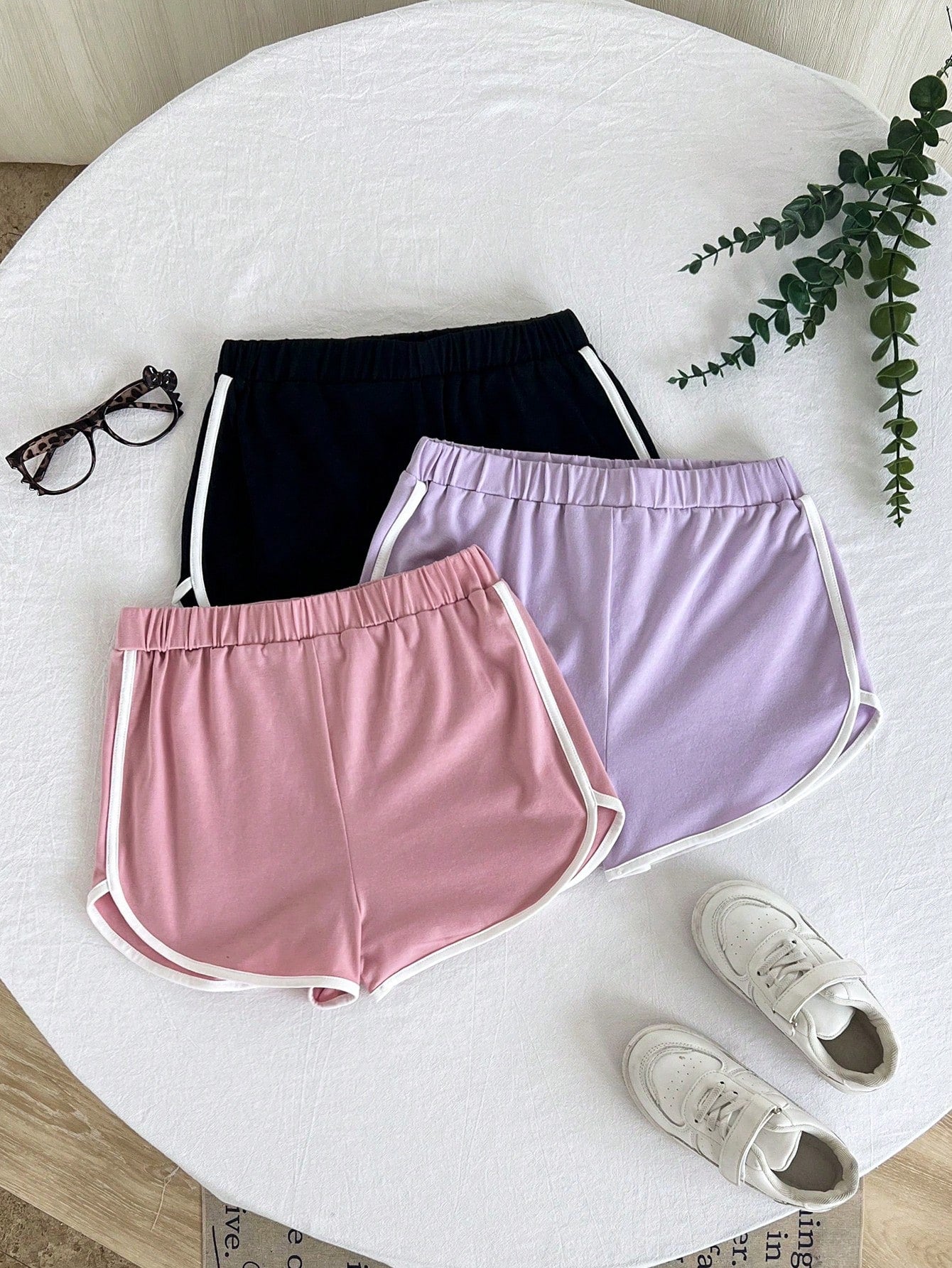 3pcs/Set Knitted Color-Block Loose-Fit Shorts With Contrast Hem For Tween Girls