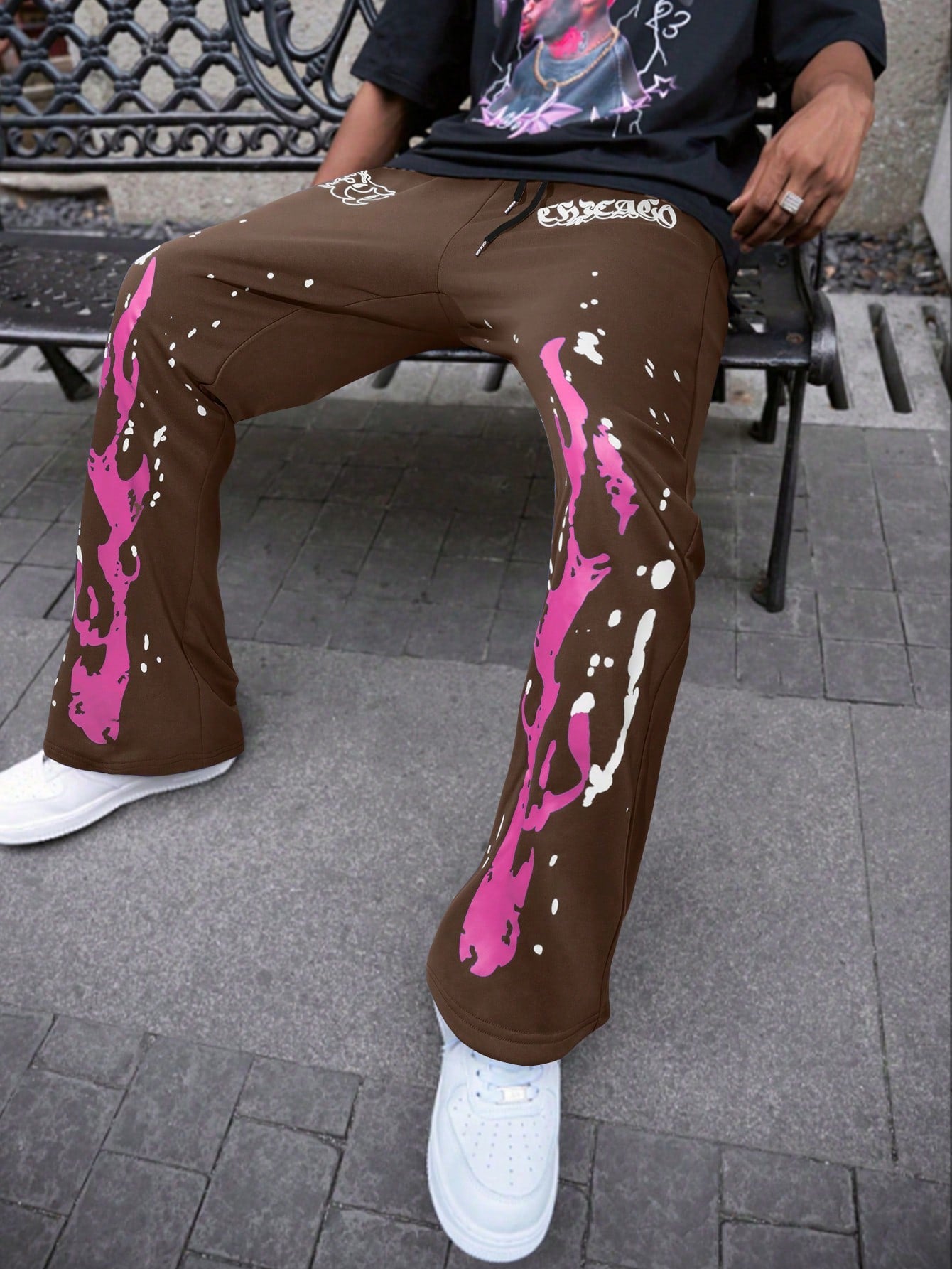 Men's Street-Style Flared Pants With Flame Print