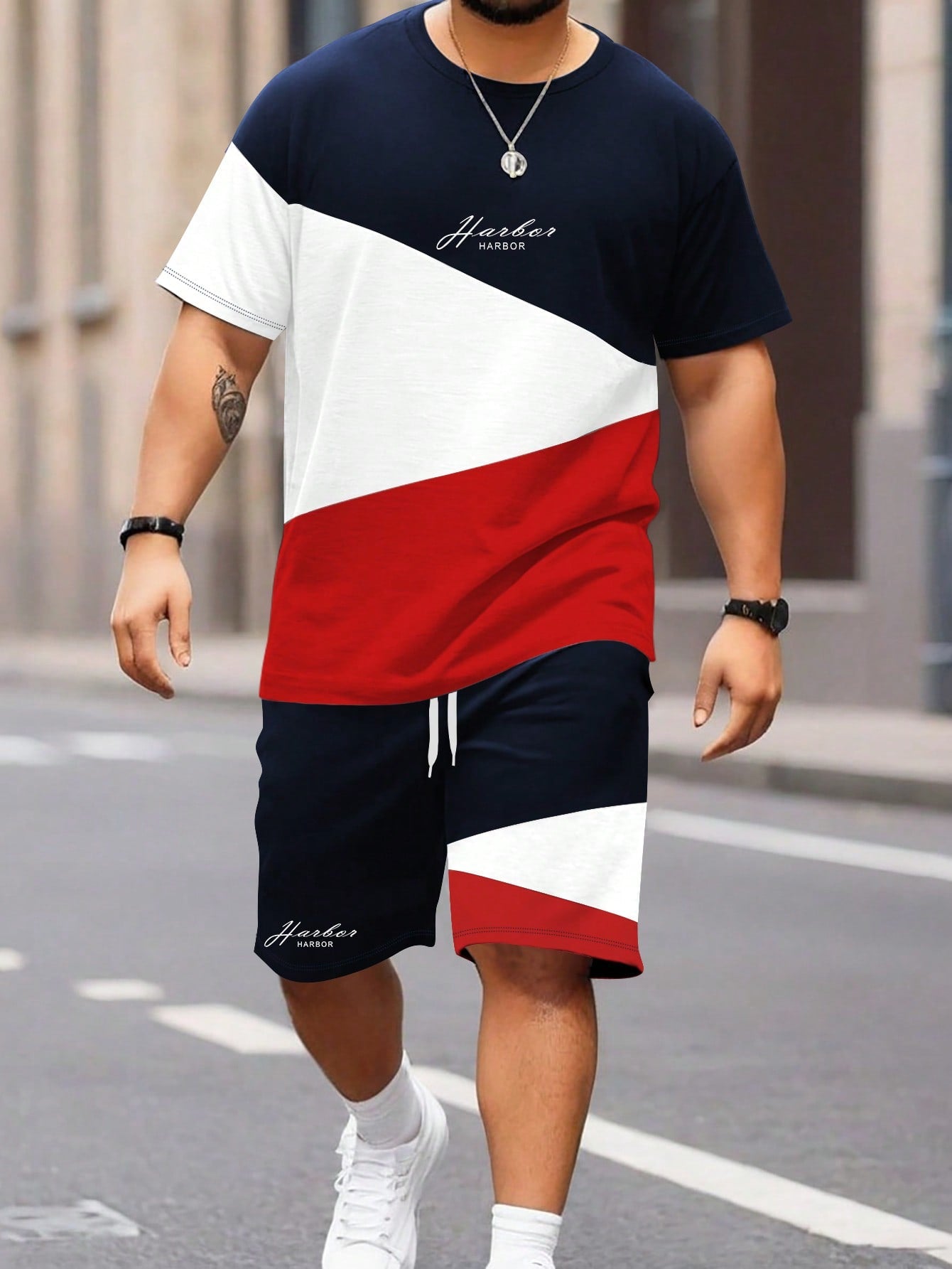 Plus Size Men Summer Fashion Three-Color Splice T-Shirt Set