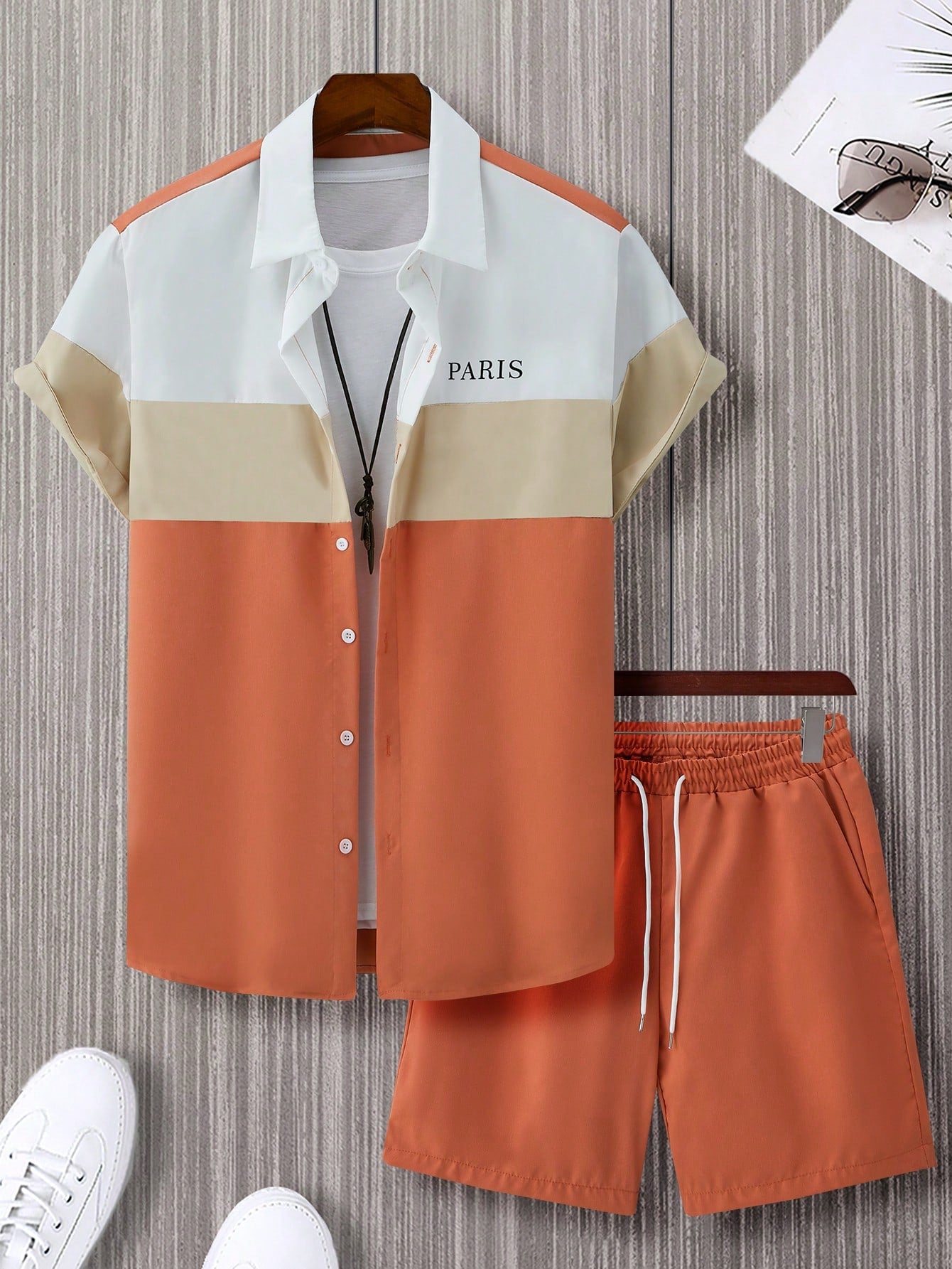 Men's Plus Size Summer Casual Letter Printed Colorblock Short Sleeve Shirt And Shorts Set
