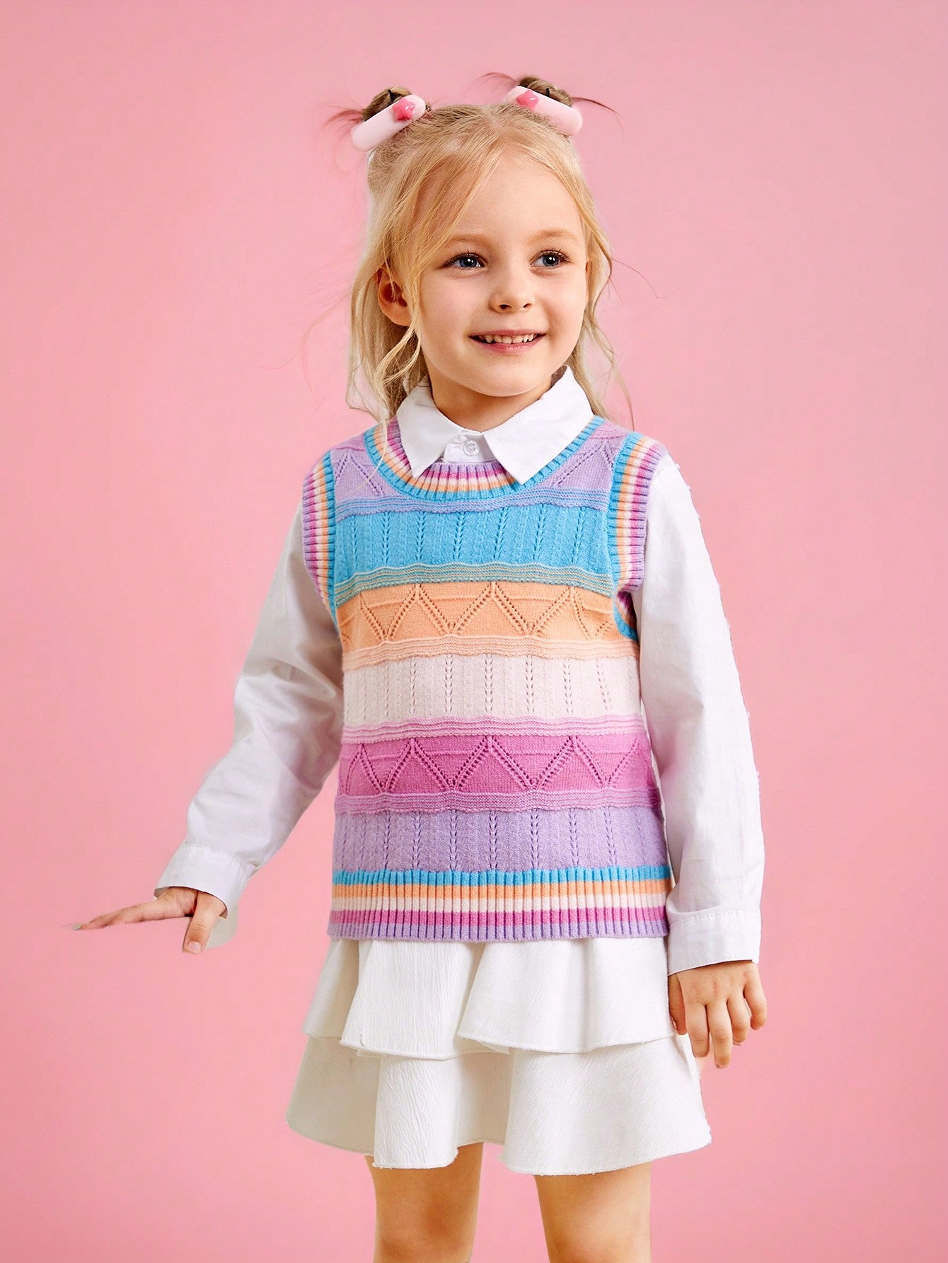 Young Girl's Casual Short Knitted Sweater Vest With Color Blocking And Jacquard Pattern