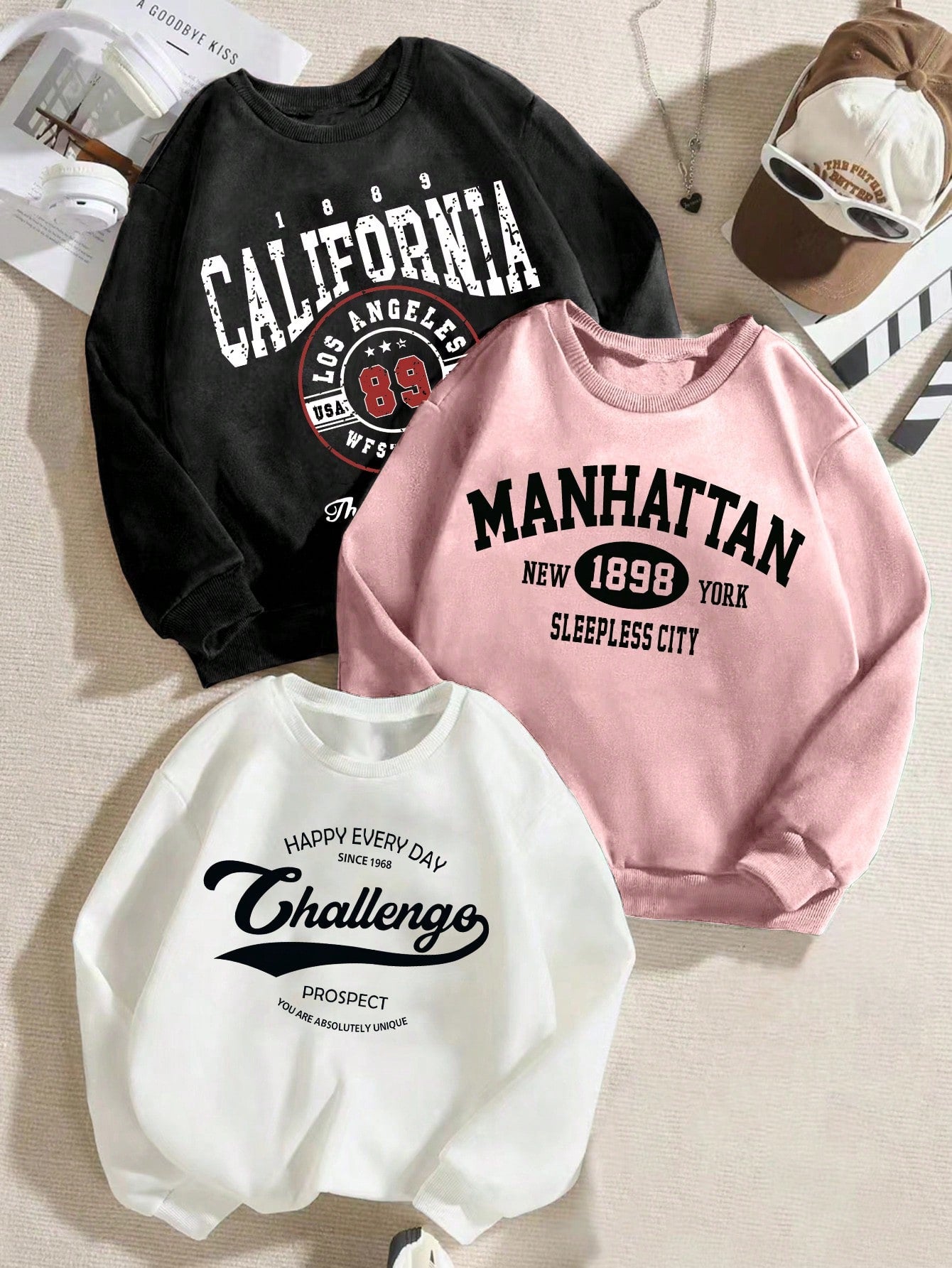 3pcs/Set Girls' Casual Letter Print Crew Neck Sweatshirts