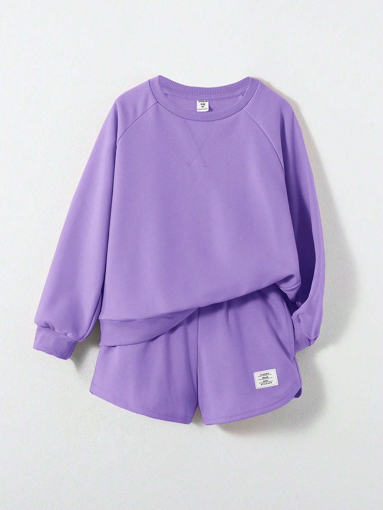 Tween Girl Letter Patched Raglan Sleeve Pullover & Shorts