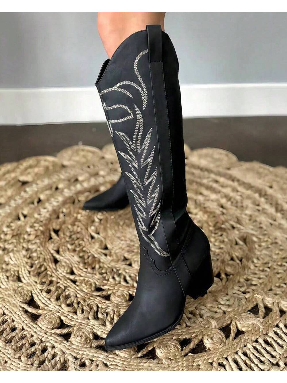 Vertundy Women's Below The Knee Western Boots Pull-On Side Zipper Cowboy Boots Embroidered Block Low Heel Wide Pointy Toe Ladies Comfortable Lightweight Fashion Leather Cowgirl Shoes