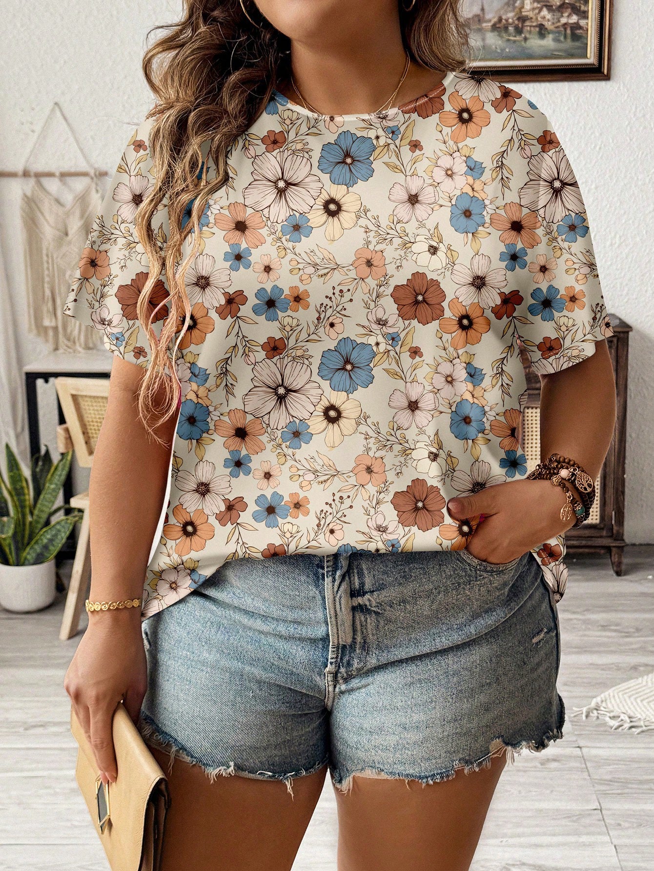 Plus Size Women's Summer Floral Printed Round Neck Short Sleeve Casual T-Shirt