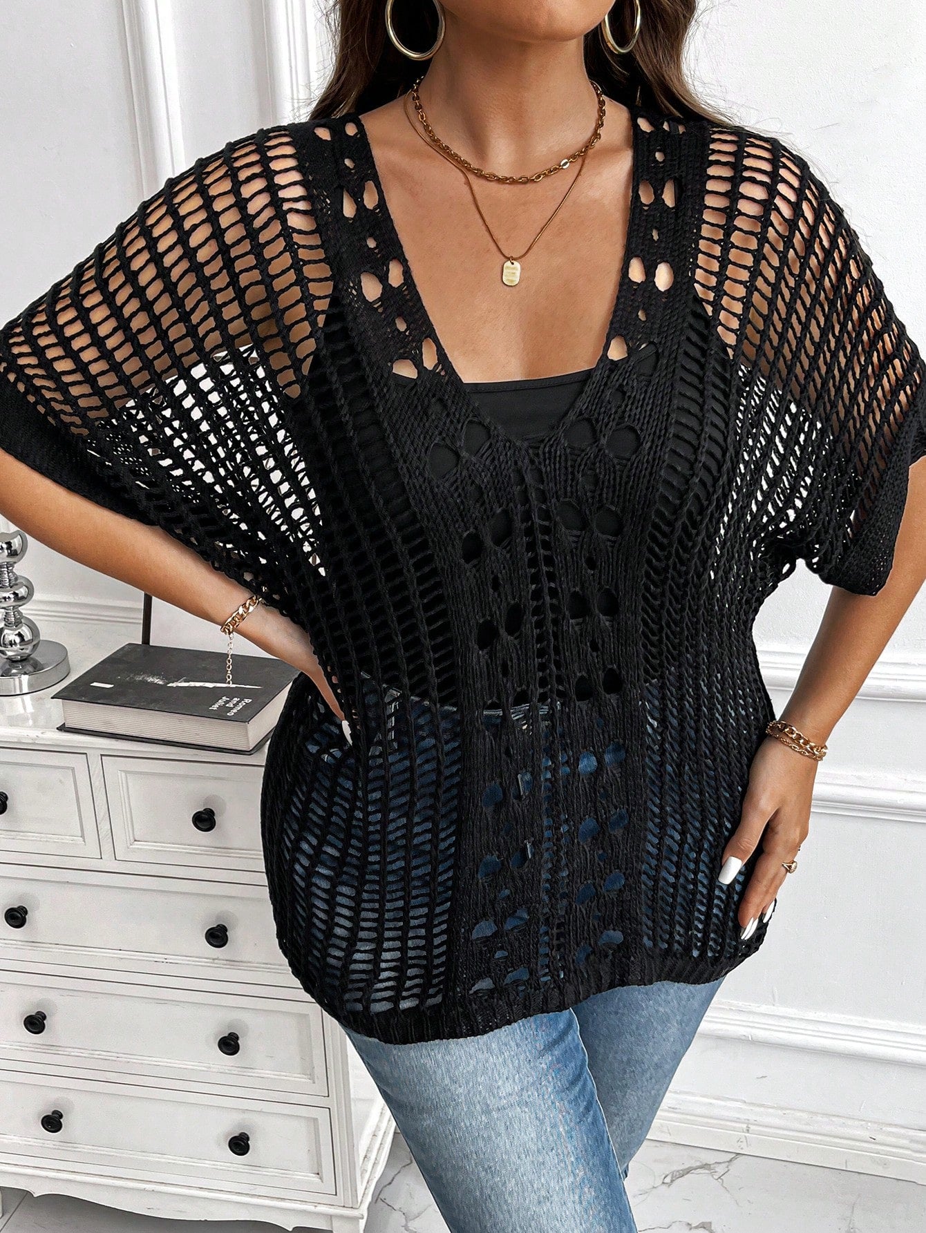 Plus Hollow Out Batwing Sleeve Knit Top Without Bra