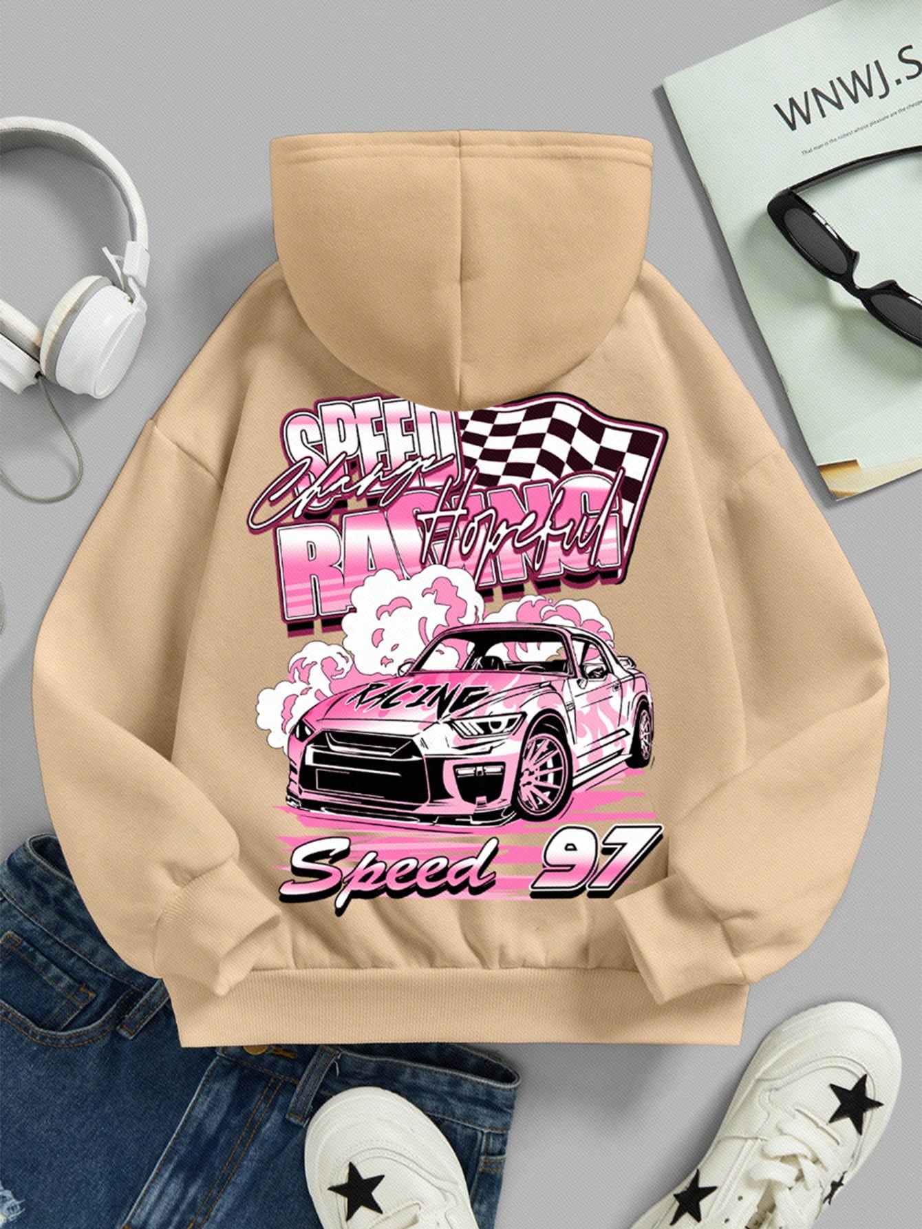 Tween Girl Casual Personality Race Car Printed White Long Sleeve Hooded Sweatshirt, Suitable For Fall/Winter, Back To School Outfits