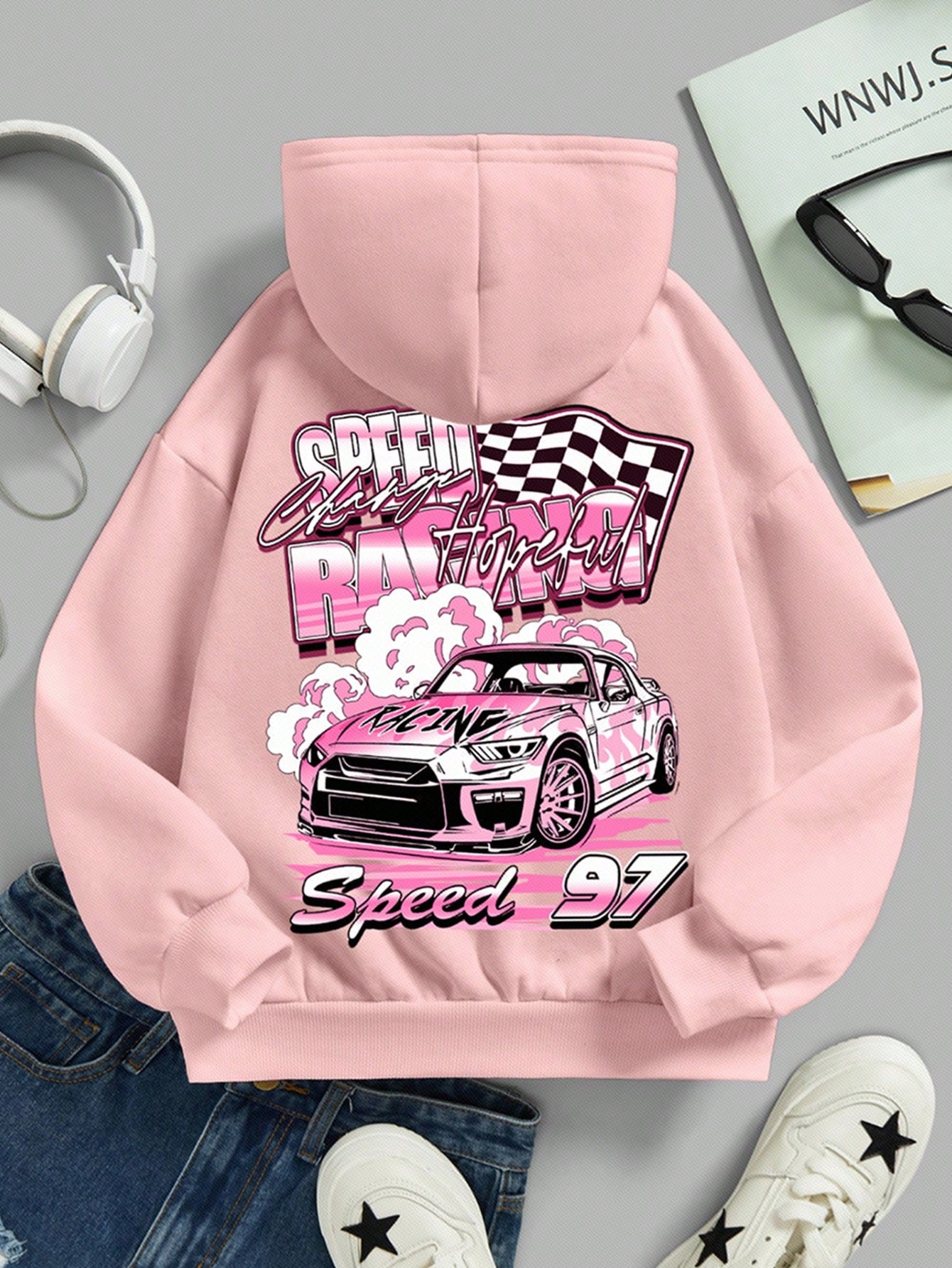 Tween Girl Casual Personality Race Car Printed White Long Sleeve Hooded Sweatshirt, Suitable For Fall/Winter, Back To School Outfits