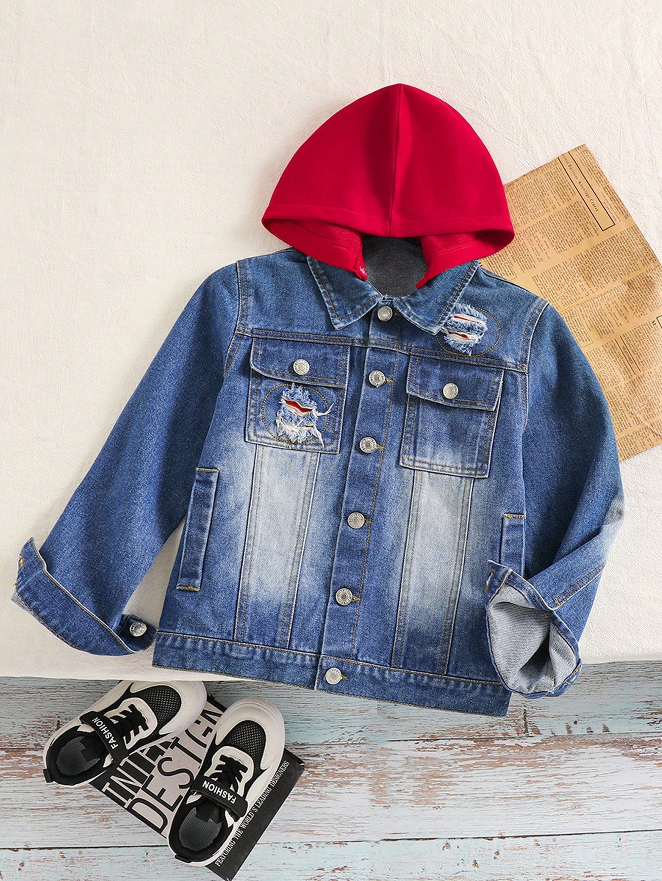 Vintage British Style Streetwear Personality Patchwork Detachable Knit Beanie, Ripped Distressed Relaxed Fit Denim Blue Jacket For Teenage Boys