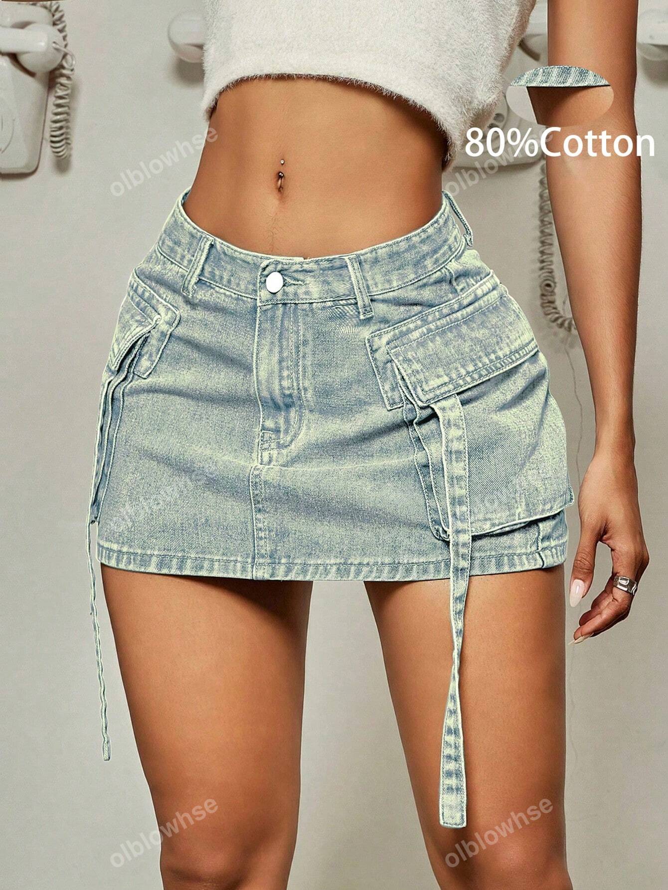 Y2K Street Solid Flap Pocket Tape Detail Cargo Denim Mini Skirt Summer Hottie Outfit