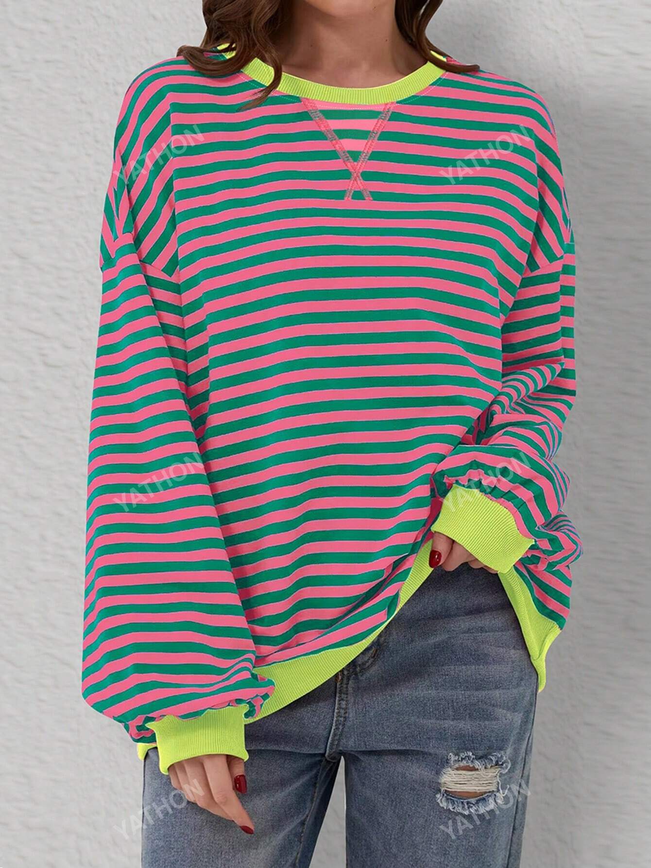 Casual New Striped & Floral Round Neck Long Sleeve Color Block Loose Pullover T-Shirt, Spring And Autumn