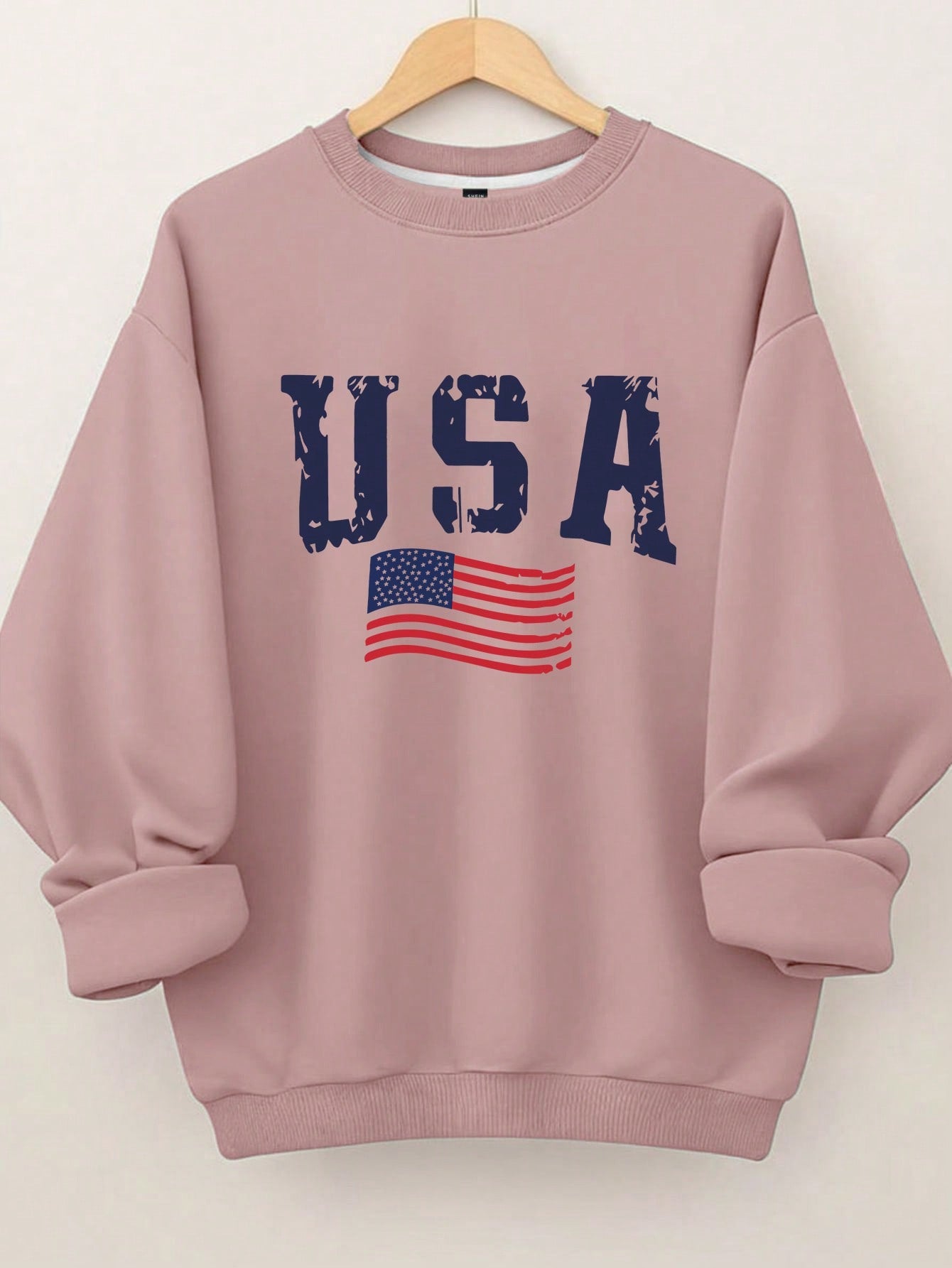 American Flag And Lettering Graphic Thermal Lined Sweatshirt Crew Neck Long Sleeve Sweatshirt