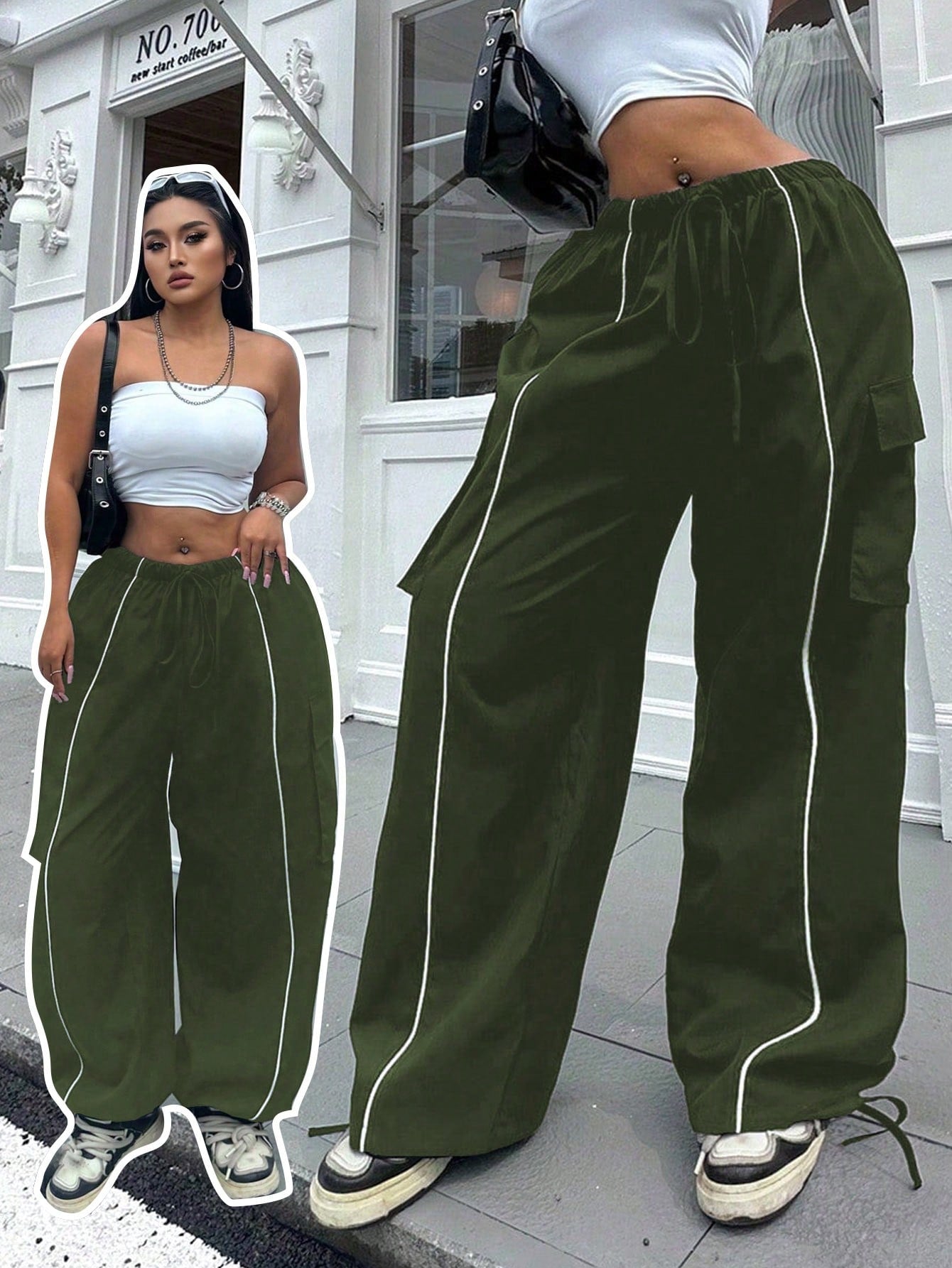 Plus Size Women Elastic Waist Drawstring Cargo Pants With Hem Embellishment