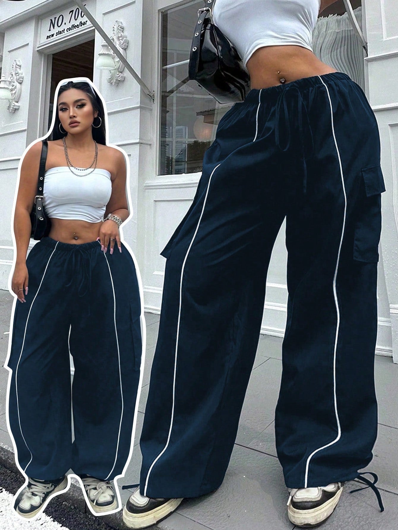 Plus Size Women Elastic Waist Drawstring Cargo Pants With Hem Embellishment