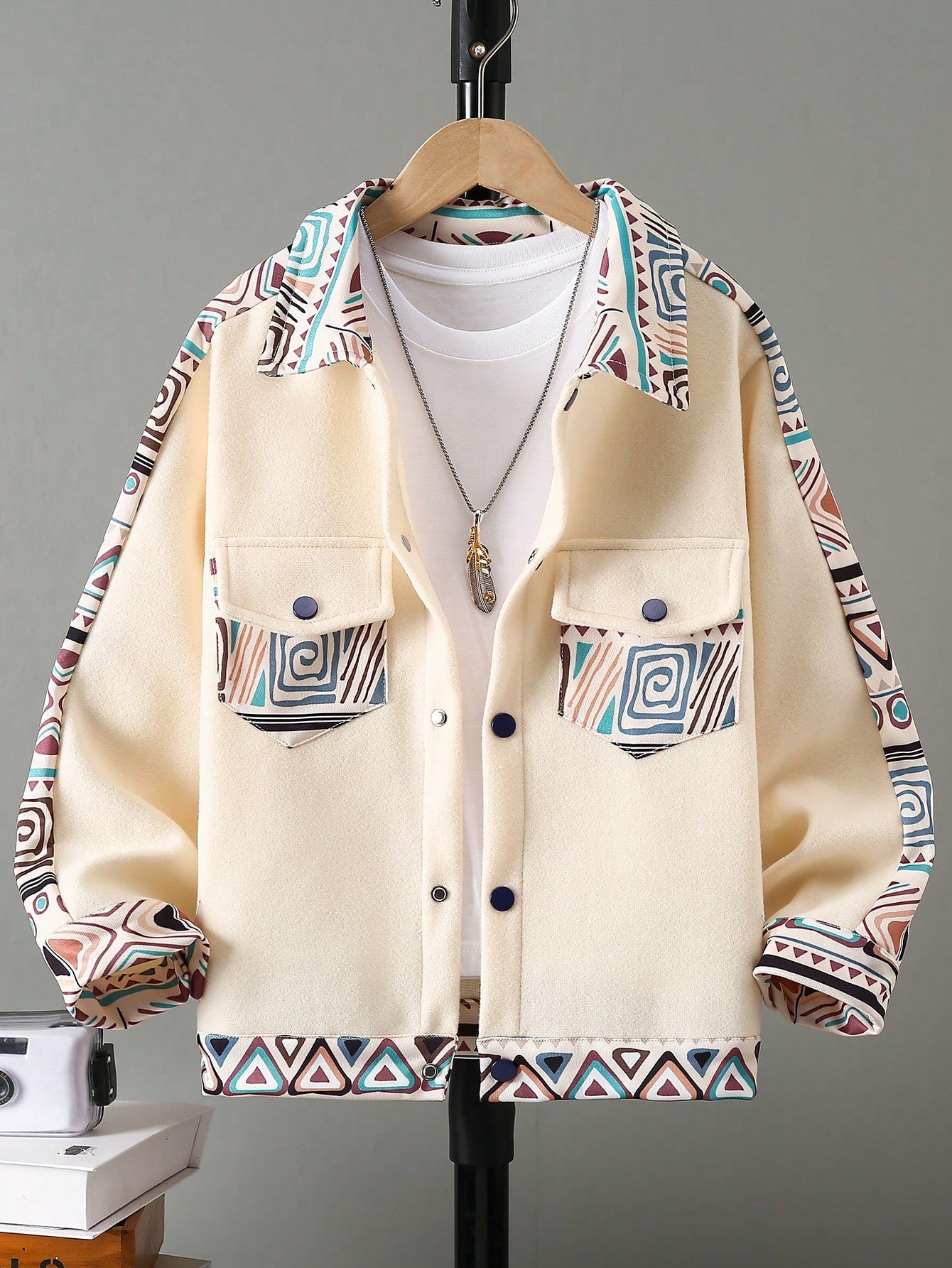 Tween Boy Fashion Color Block Geometric Print Pocket Decor Long Sleeve Jacket