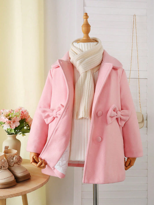 Girls' Sweet Ladylike Wide Collar Loose-Fit Drop Shoulder Long Sleeve Thick Woolen Coat With 3D Bow, Solid Color, Autumn/Winter