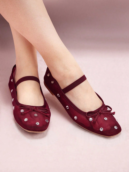 Burgundy Mesh Rhinestone Bow Ballerina Flats Halloween