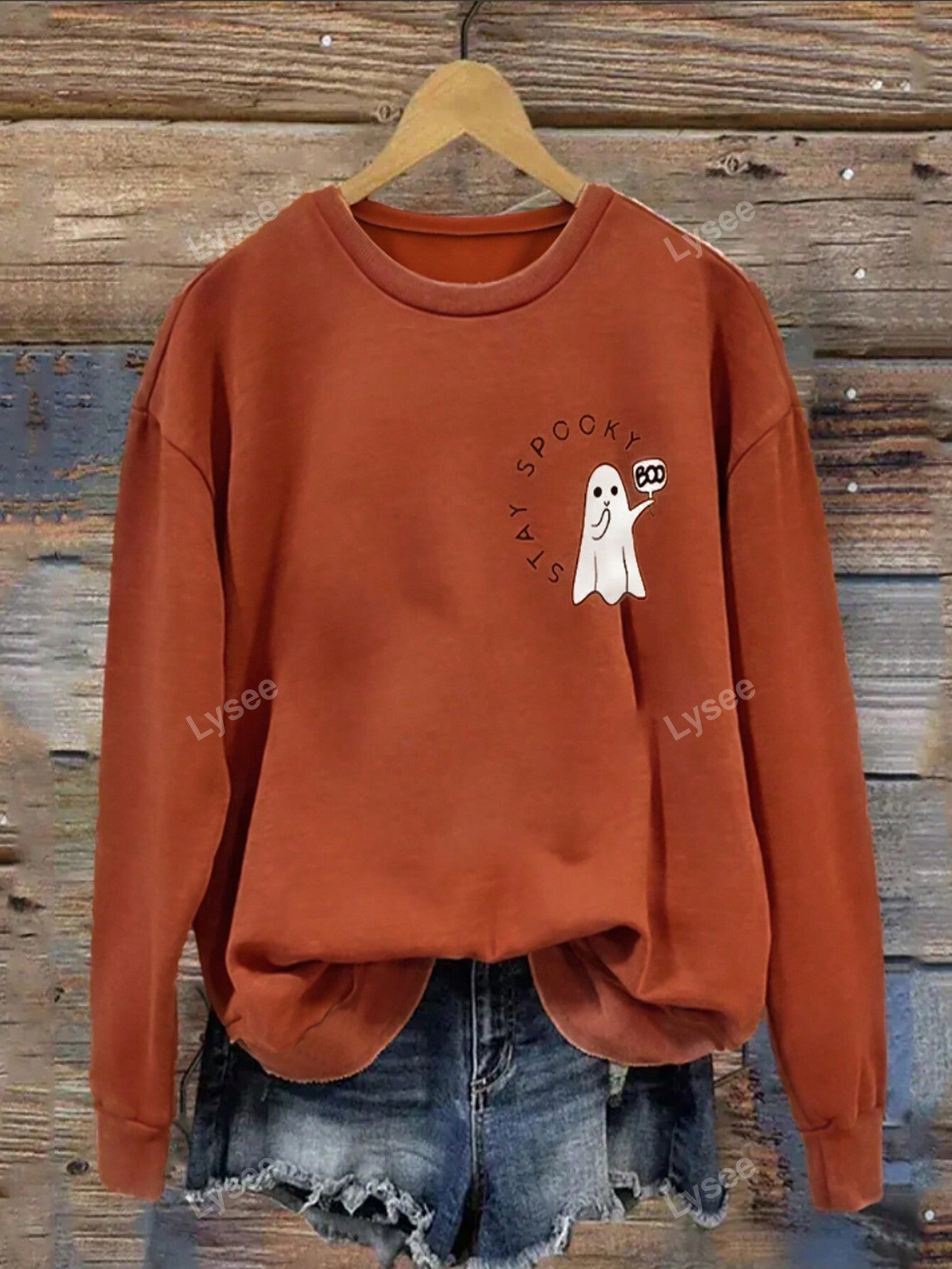 Casual And Fashionable Simple Solid Color Women's Round Neck Halloween Sweatshirt With Little Ghost Element