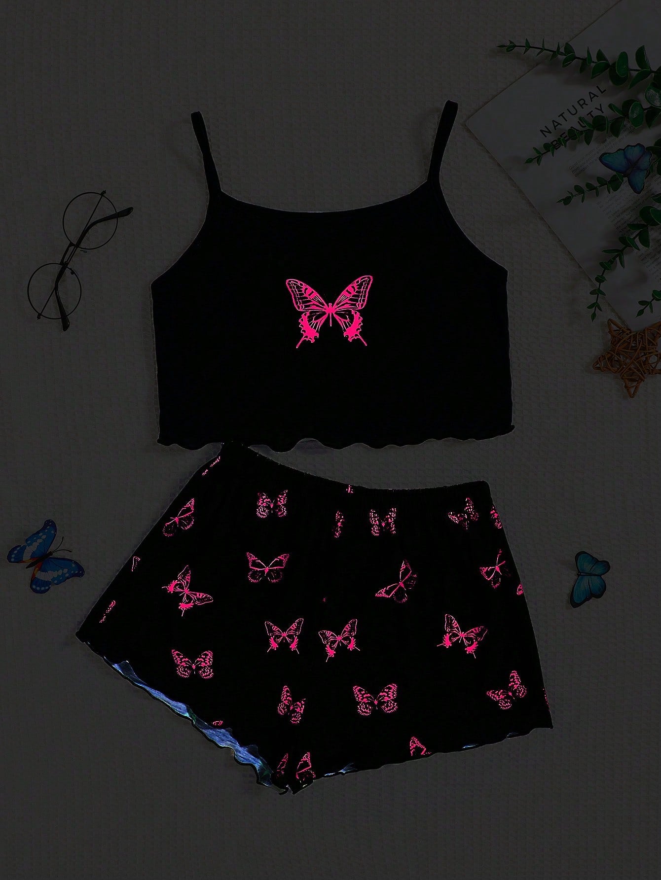 Tween Girl Butterfly Patterned Tank Top And Shorts Set, Summer Casual And Comfortable Sleepwear Set