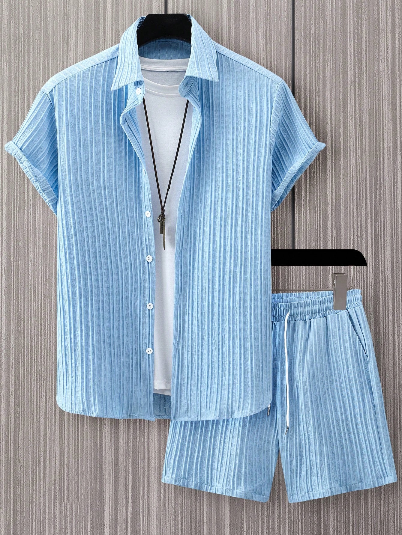 Men's Plus Size Holiday Casual Solid Color Short Sleeve Shirt & Shorts 2pcs Set