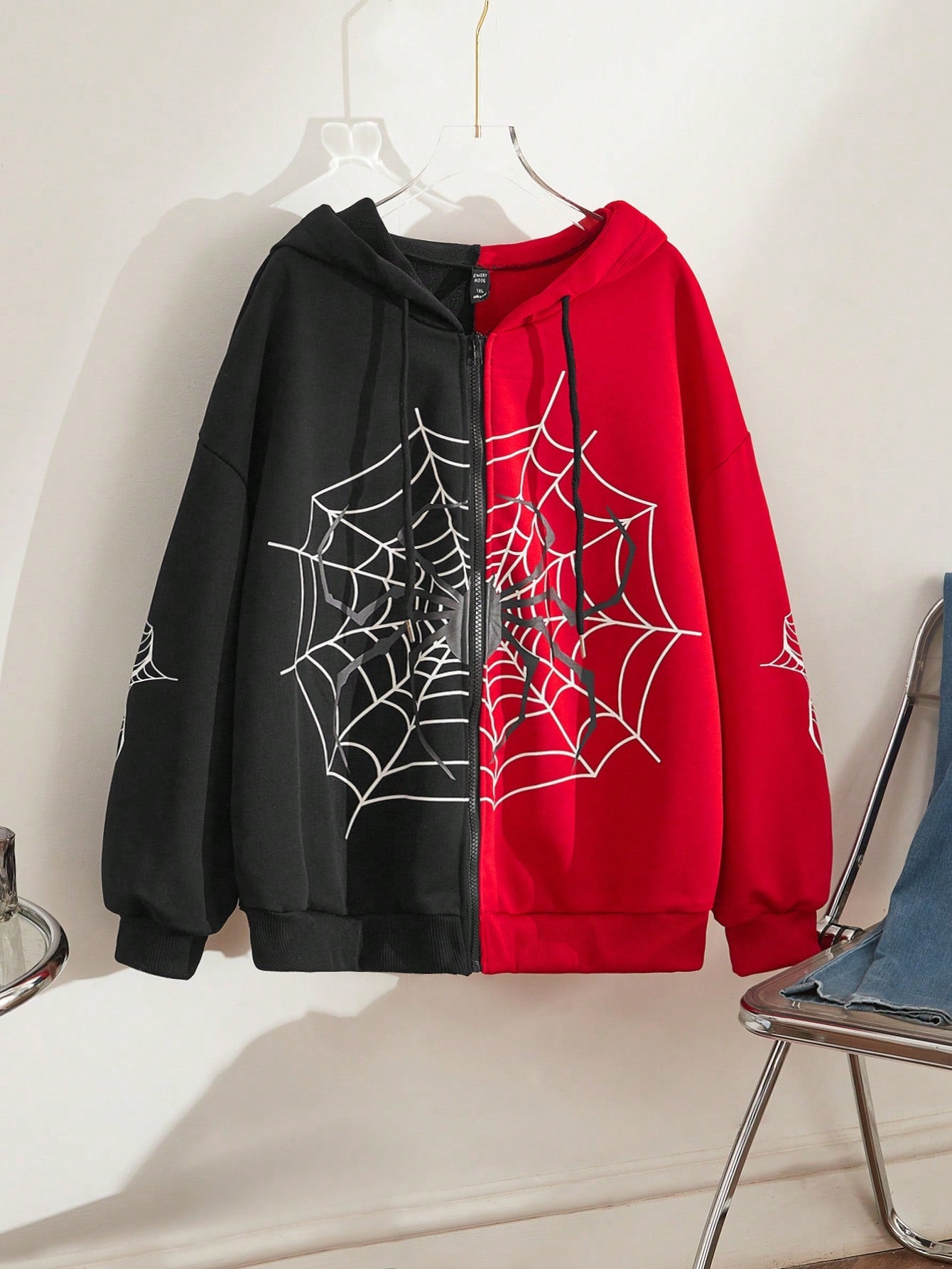 Plus Spider Web Print Zip Up Drop Shoulder Hoodie