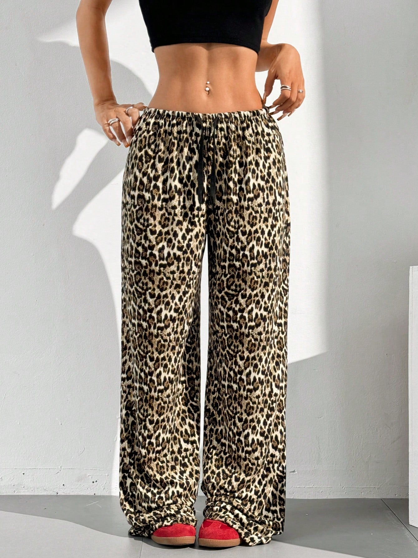 Women's Tie-Waist Fluffy Leopard Print Casual Wide Leg Baggy Pants