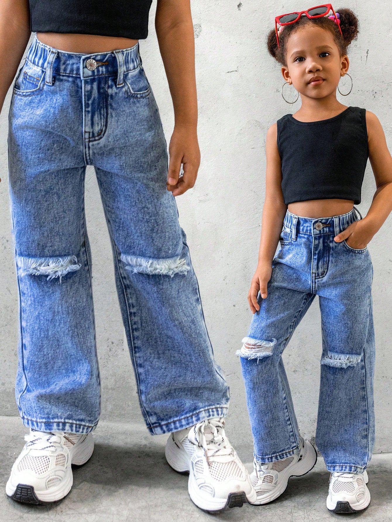 Streecool Kids Young Girl New Style Casual & Fashionable Distressed Washed Denim Straight Leg Pants With High-End Texture