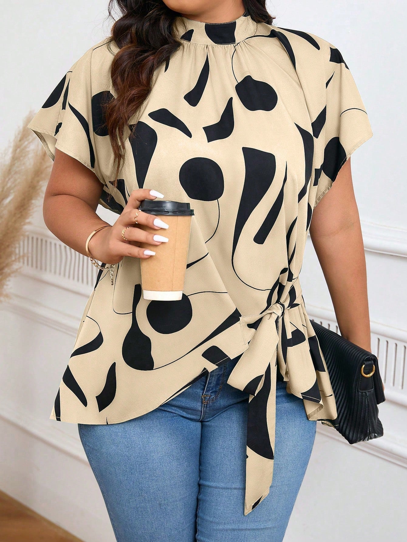 Fashionable Plus Size Women's Stand Collar Asymmetrical Printed Waist-Cinched Shirt