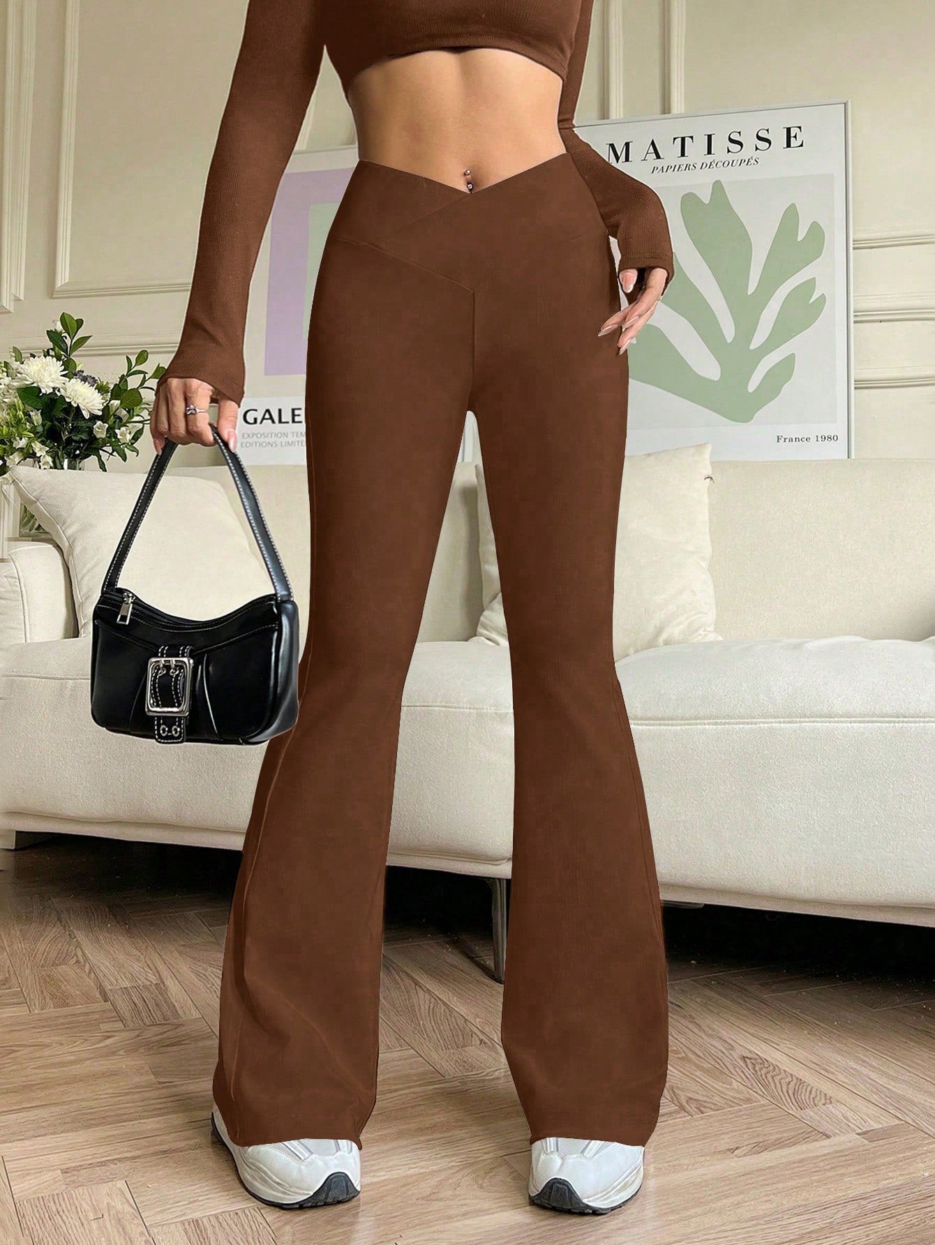 Women Solid Color Overlapping V-Shaped High-Waist Bell-Bottom Pants