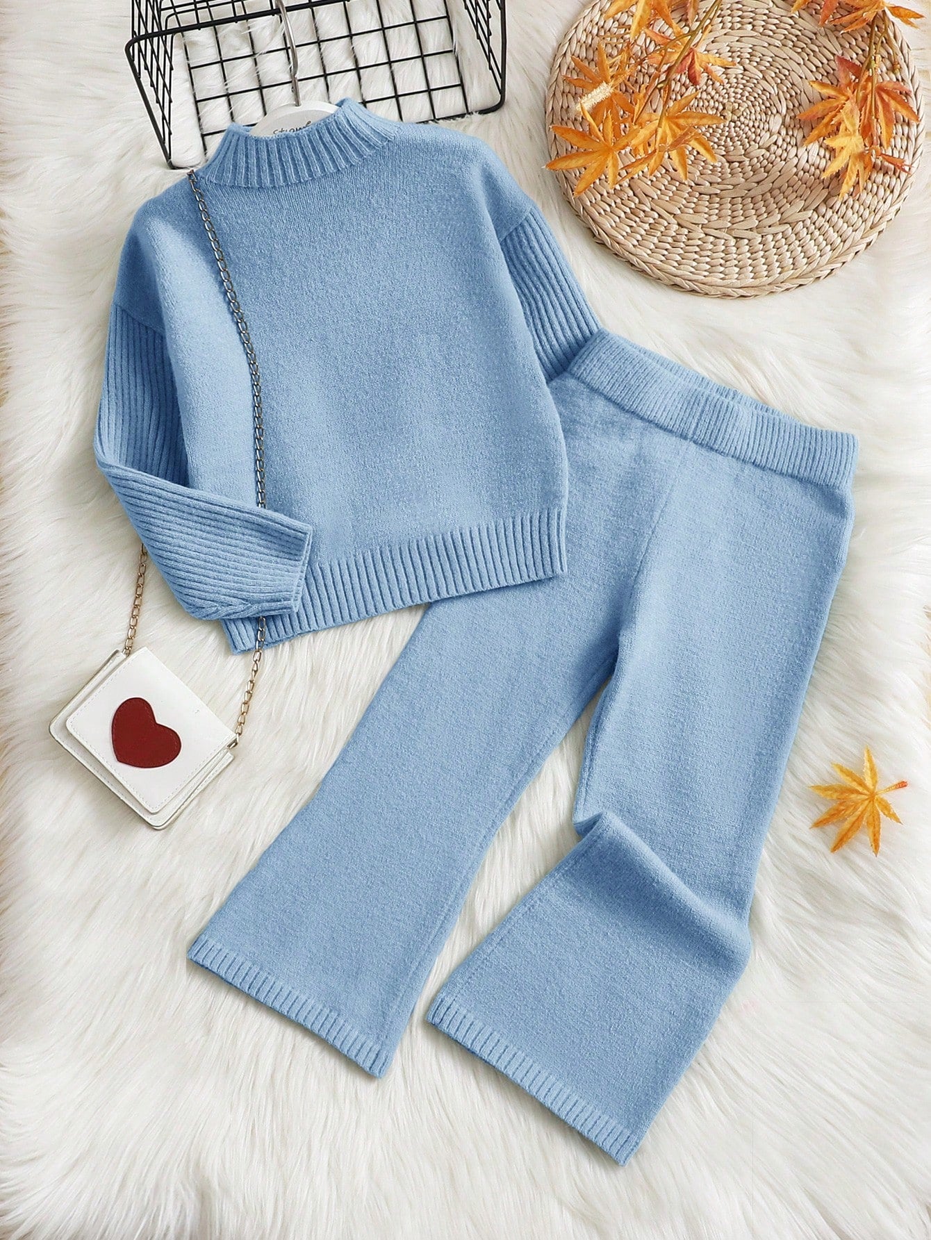 Young Girl Ribbed Knit Drop Shoulder Sweater & Flare Leg Knit Pants