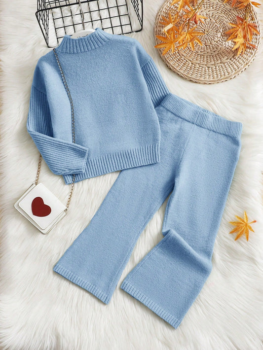 2pcs Young Girl Casual Solid Color Long Sleeve Sweater And Flare Pants Set, Autumn/Winter