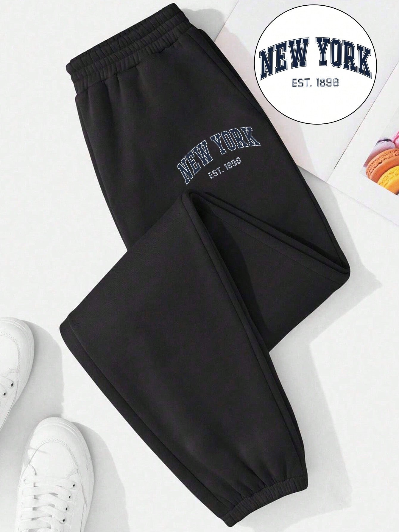 1pc Women's Plus Size Casual NYC Letter Print Drawstring Sweatpants, Black