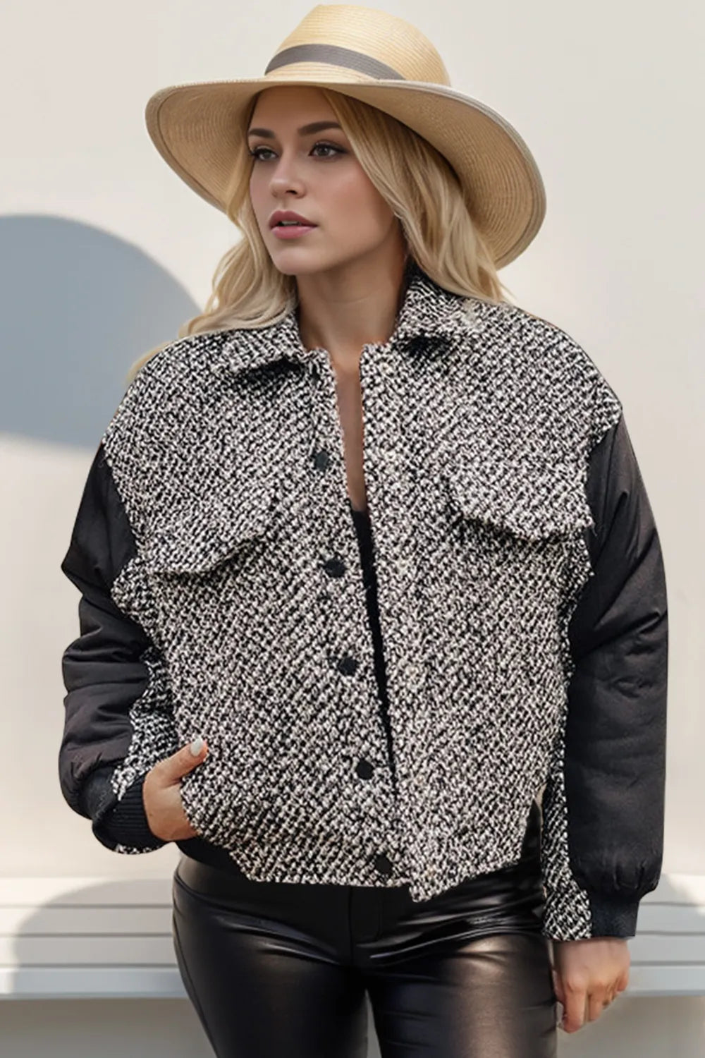 Double Take Full Size Button Up Contrast Tweed Jacket