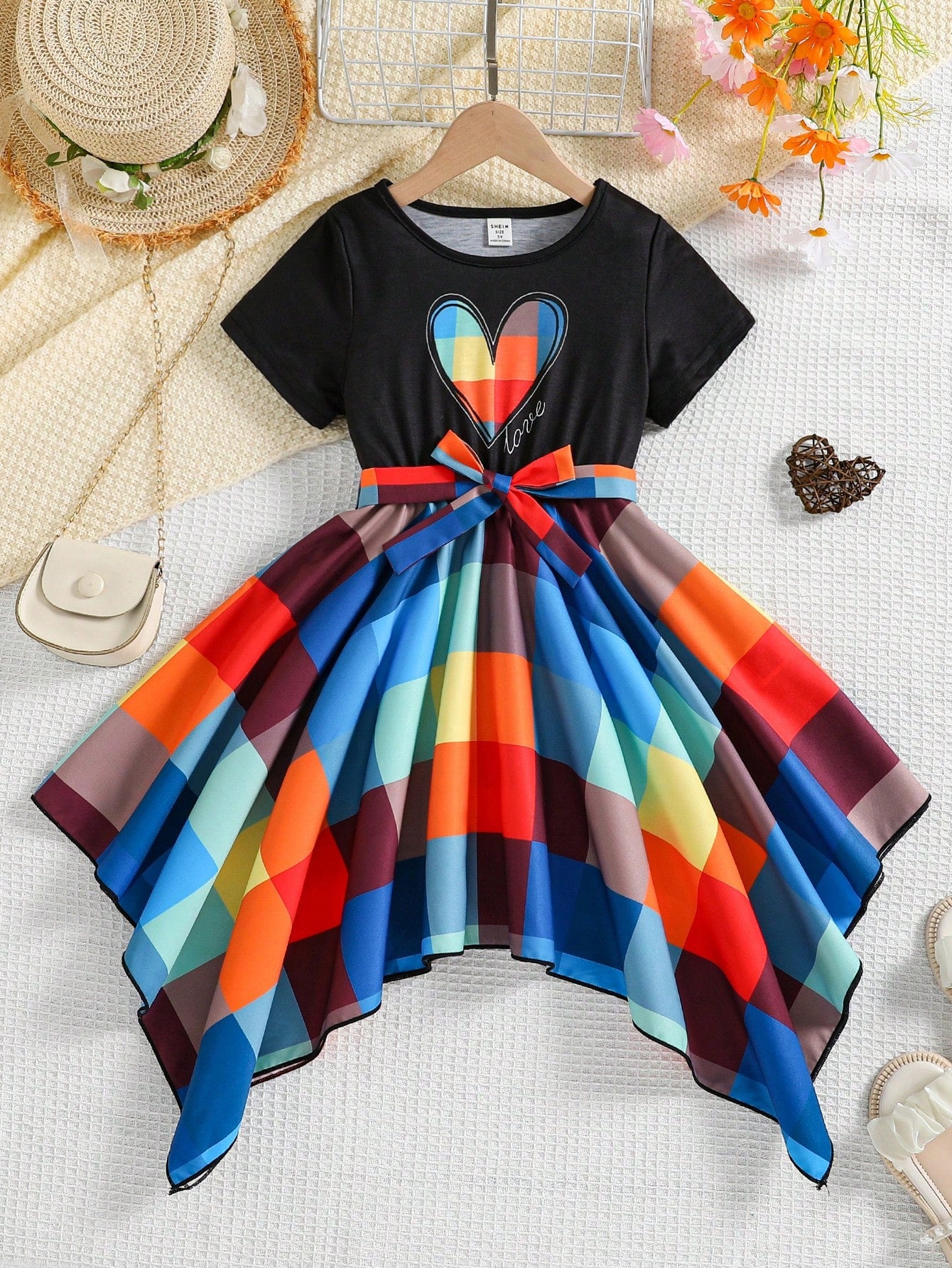 Tween Girl Heart Printed Patchwork Plaid Asymmetrical Hem Short Sleeve Summer Dress