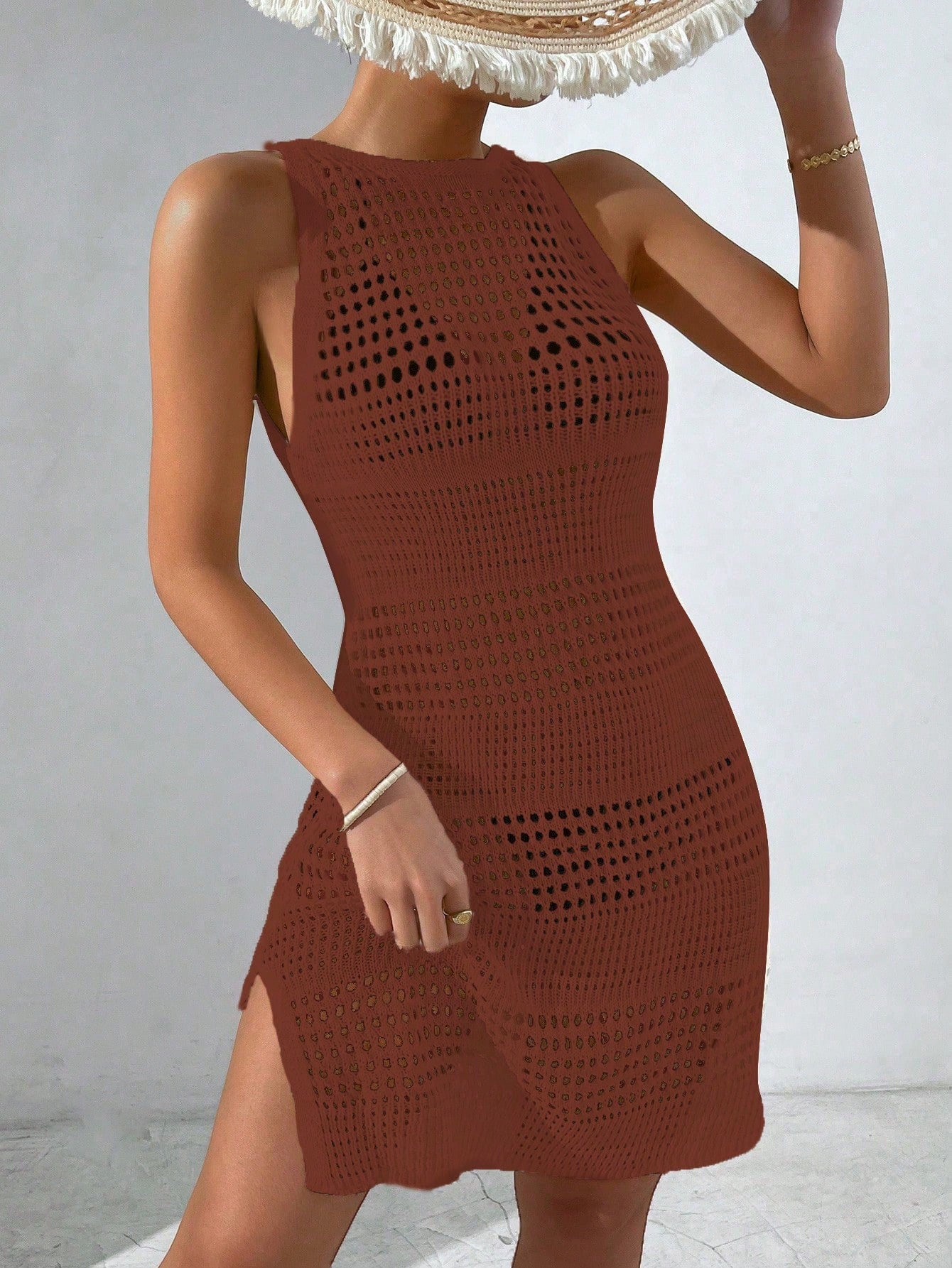 Ladies' Solid Color Simple Daily Sleeveless Cover Up Crochet Dress