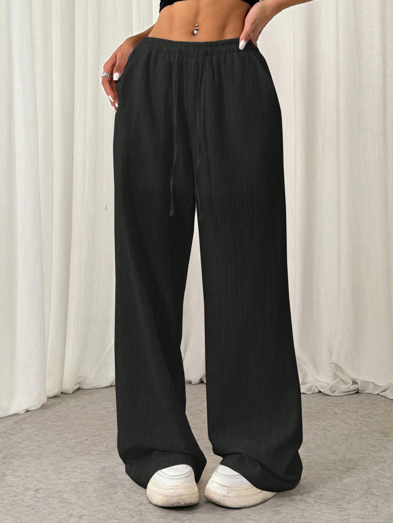 Cotton Loose Straight Drawstring Waist Slant Pocket Pants