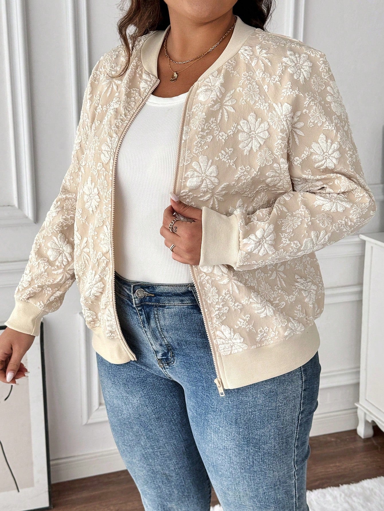 Plus Floral Jacquard Zip Up Bomber Jacket