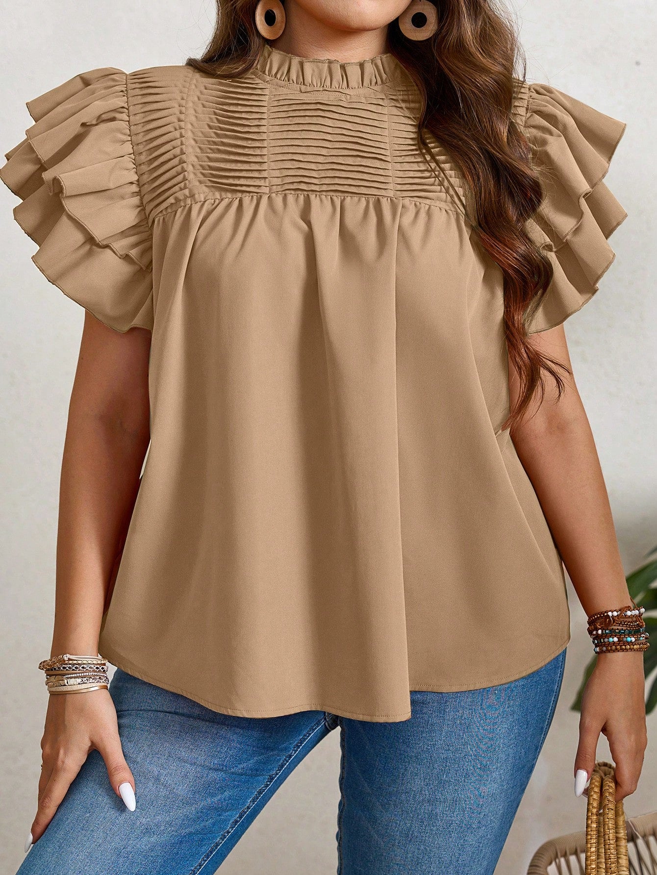 Plus Size Summer Casual Double Layered Orange Shirt With Ruffle Sleeves