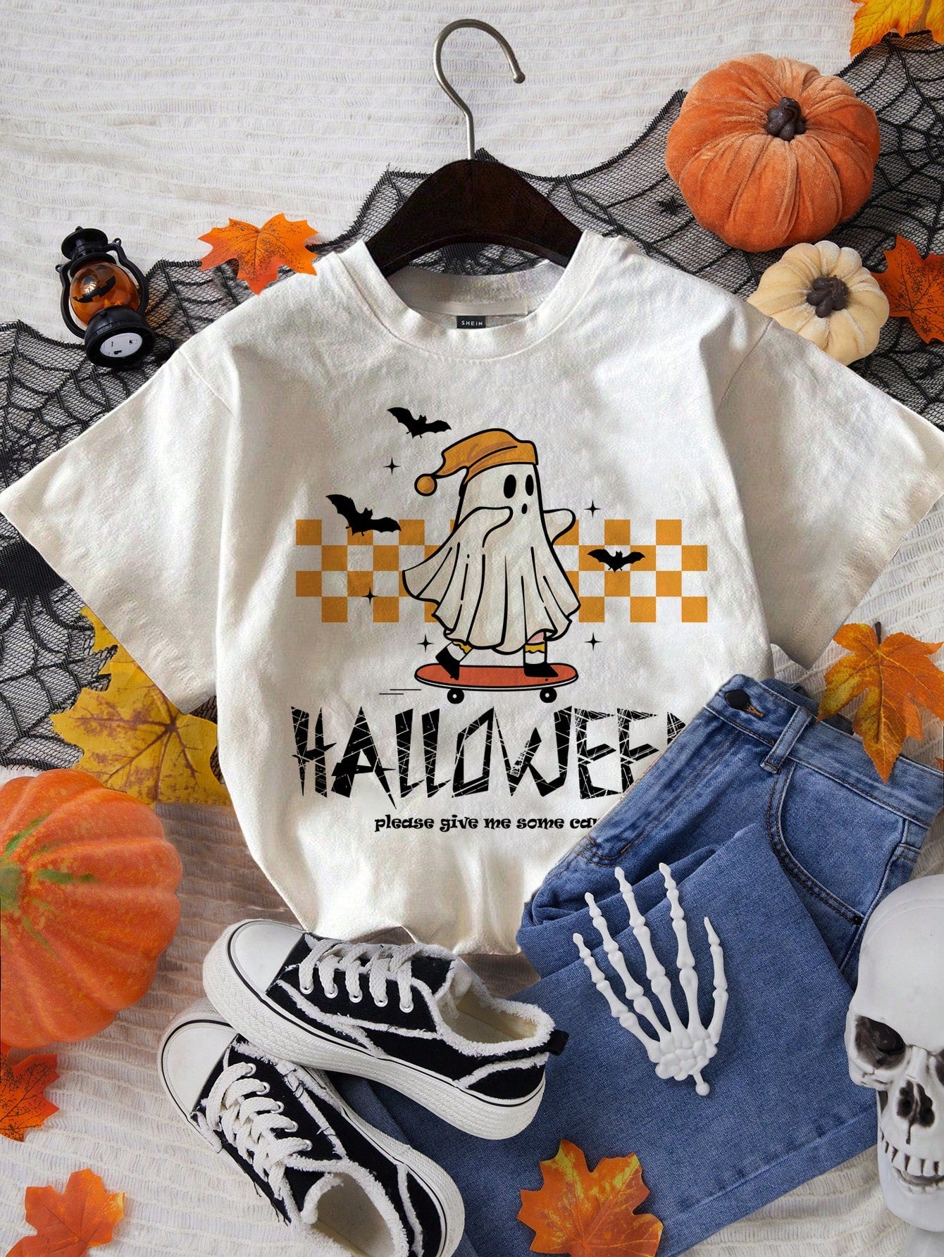 Oversize Casual Simple Halloween Graphic Print Round Neck Short Sleeve Baggy Plus Size T-Shirts